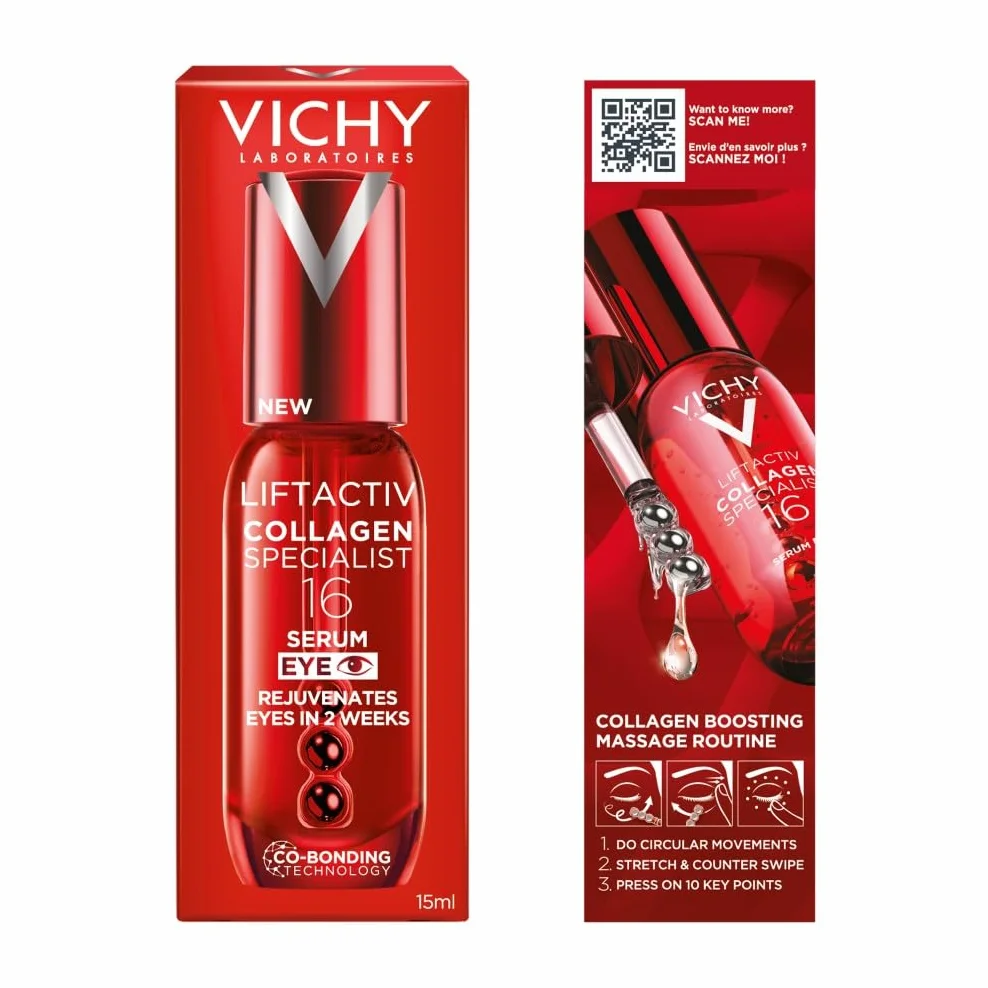 Vichy Liftactiv, Collagen Specialist 16, Siero Contorno Occhi, Per Tutti i Tipi di Pelle, Contorno Occhi Compatto e Rimpolpato, Sguardo Fresco e Riposato, Con Ramnosio, Peptidi e Maitake, 15 ml