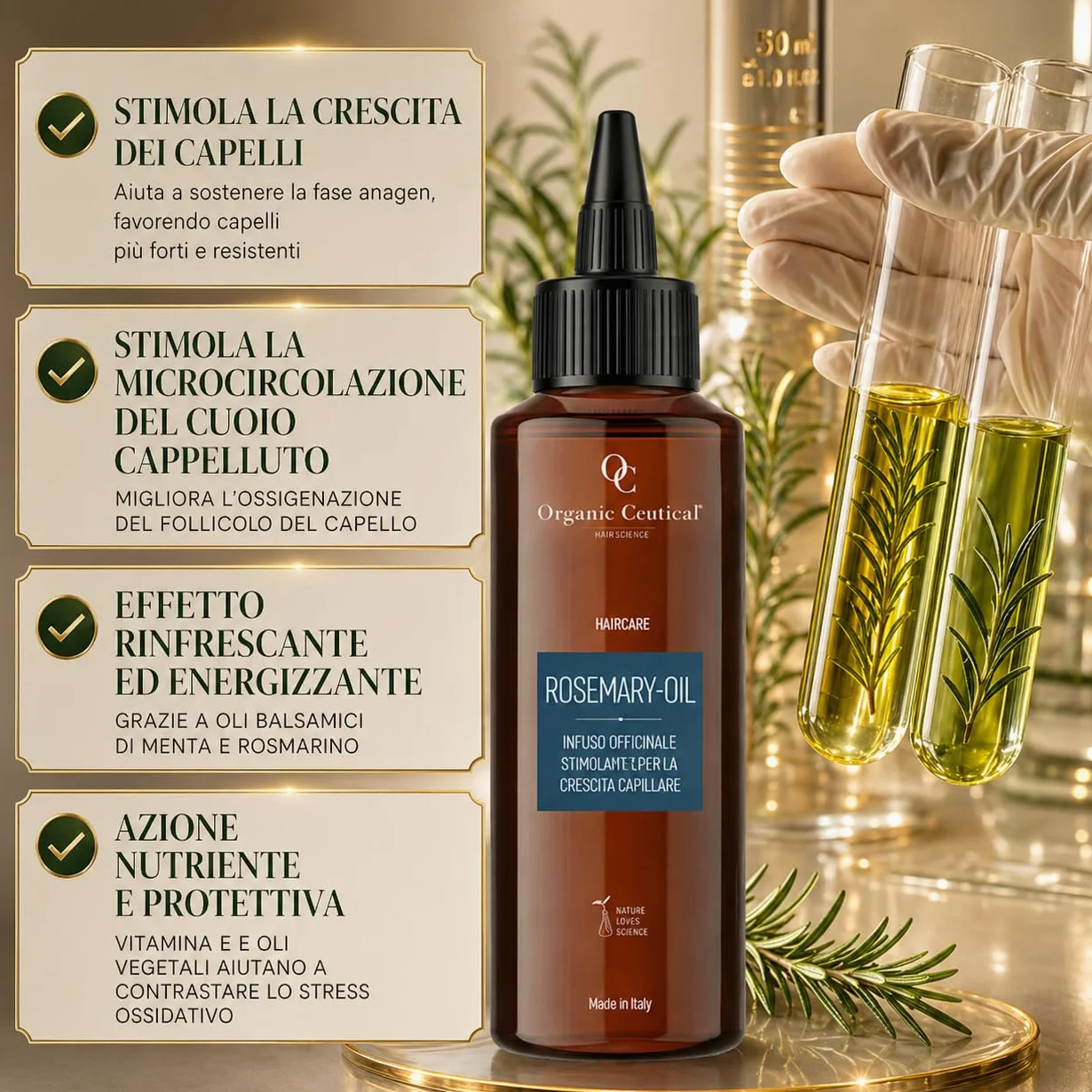 Organic Ceutical Olio Rosmarino Organico, 150 ml, Infuso Officinale Stimolante per la Crescita Capillare, Rosemary Oil Pre Shampoo, Trattamento Professionale, Rinforzante per Capelli Deboli e Sottili