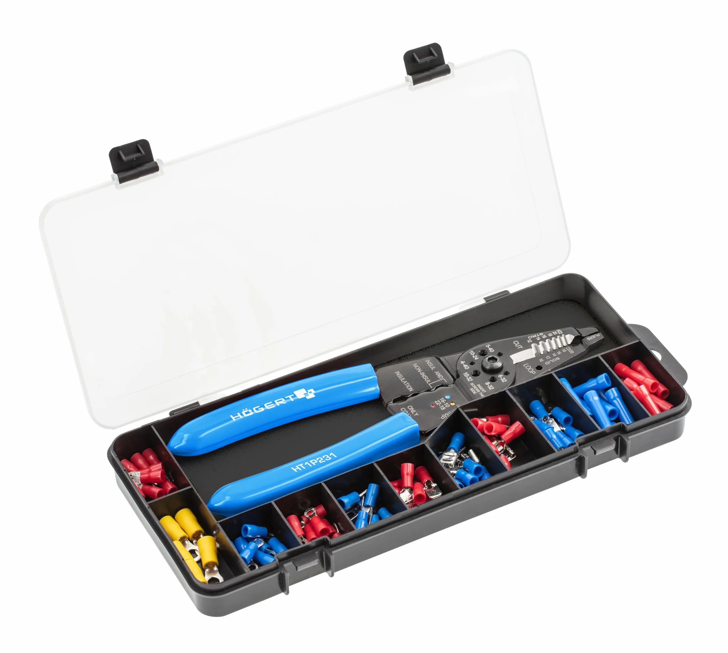 Högert Technik Pinza crimpatrice 0,5-6 mm2 per capicorda con spelafili 86 pezzi acciaio al carbonio