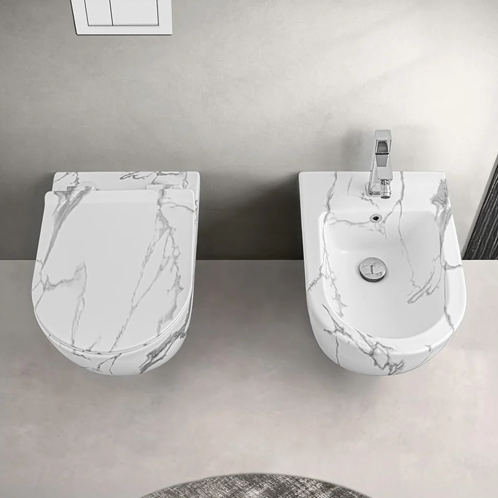 Set Sanitari Sospesi Rimless Ceramica Effetto Marmorizzato Bianco Linea Tokyo L 36 x P 55 x H 33 cm Sedile Soft-Close