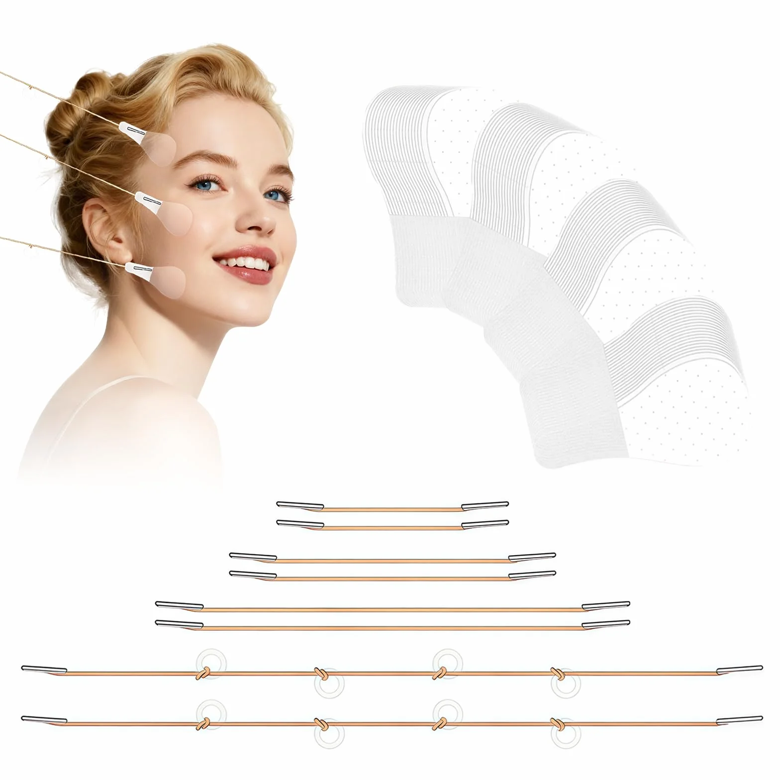 Tape Lifting Viso Set,Face Lifting Tape,Set di Nastri per il Viso contro il Doppio Mento,80 Adesivi Invisibili e 4 Corde di Sollevamento Riutilizzabili per un Contorno a V Istantaneo,Collo