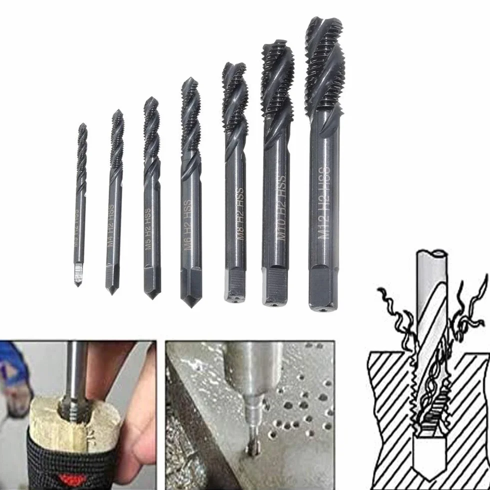 Maschi a filettatura interrotta a spirale in nitruro HSS 6542 M3 M4 M5 M6 M8 M10 M12 Set 7 pezzi per metallo legno