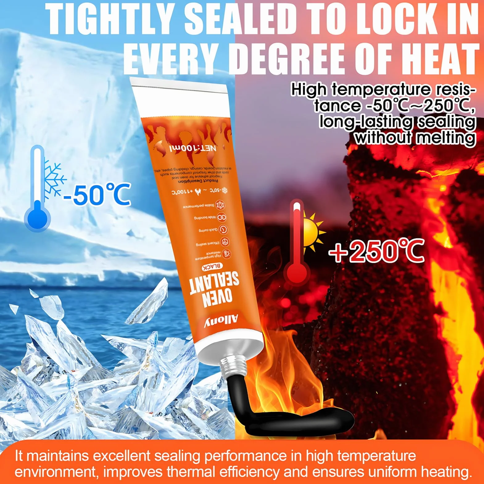 Adesivo Resistente al Calore 1100°C Nero - ALLONY Silicone Alta Temperatura per Guarnizioni