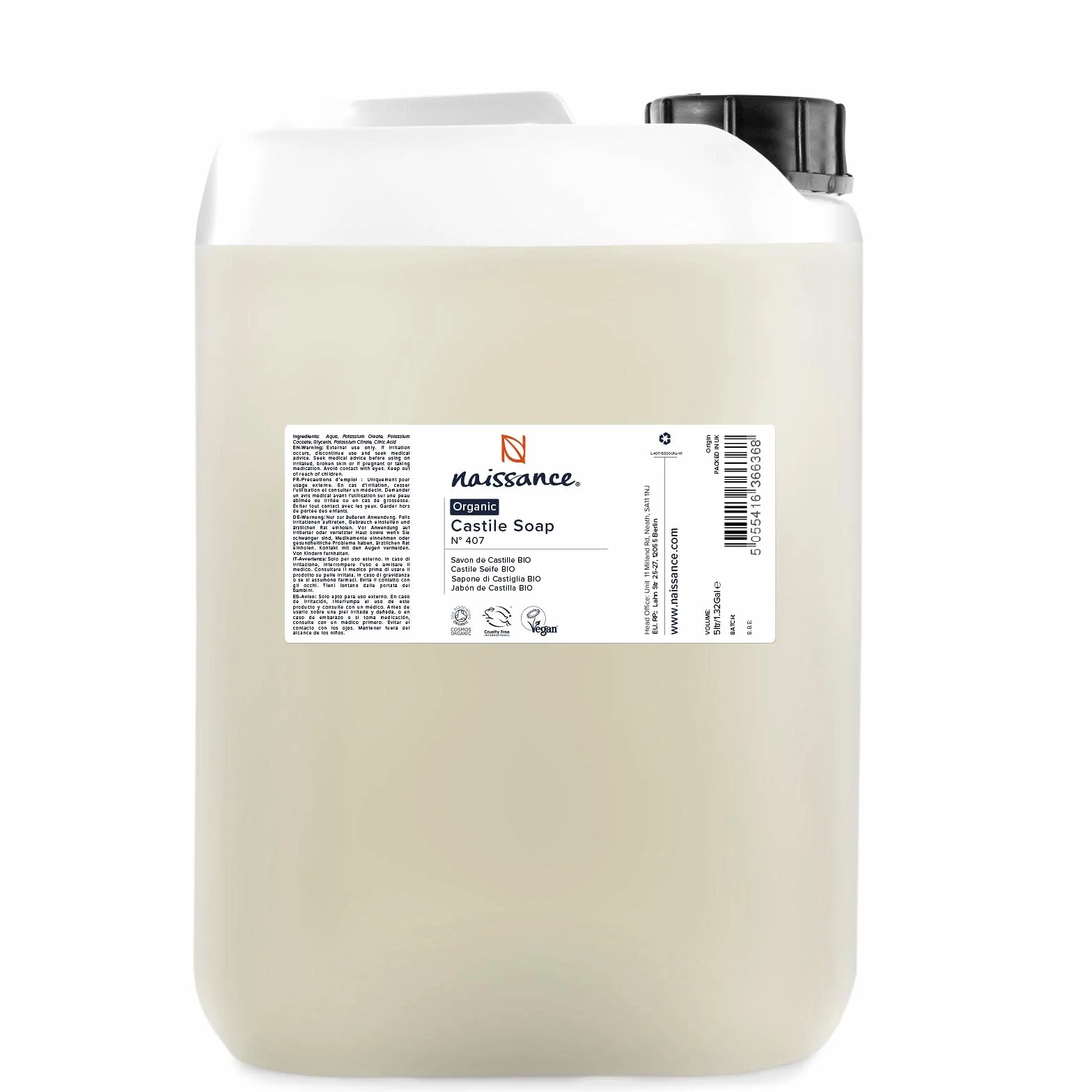 Naissance Sapone di Castiglia Liquido BIO (No. 407) - 5 Litri - Naturale, Puro, Certificato Biologico, Senza Profumo - Privo di SLS e SLES e Vegano