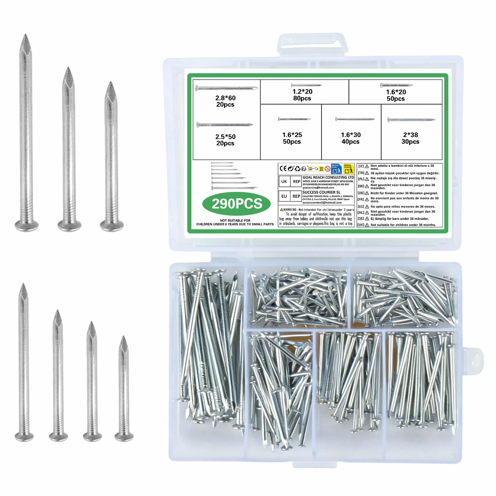 Chiodi per Quadri Muro Acciaio Testa Piatta 290 Pezzi 7 Misure Muratura Cartongesso Legno