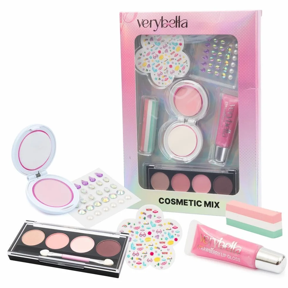 Kit Make Up Contenente Palette con 4 Colorazioni di Ombretto, Lucidalabbra Alla Fragola, Hair Chalk Rosa, Stickers Colorati, Strass, Adesivi, Gessetto Viso