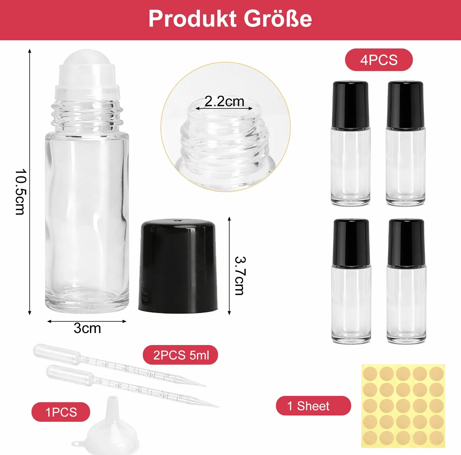 4 Pezzi 30ml Flaconi Roll on Vuoti in Vetro – Flaconi Roll on per Oli Essenziali con Sfera, Ricaricabili, con Contagocce, Imbuto e Adesivi per Aromaterapia e Profumi