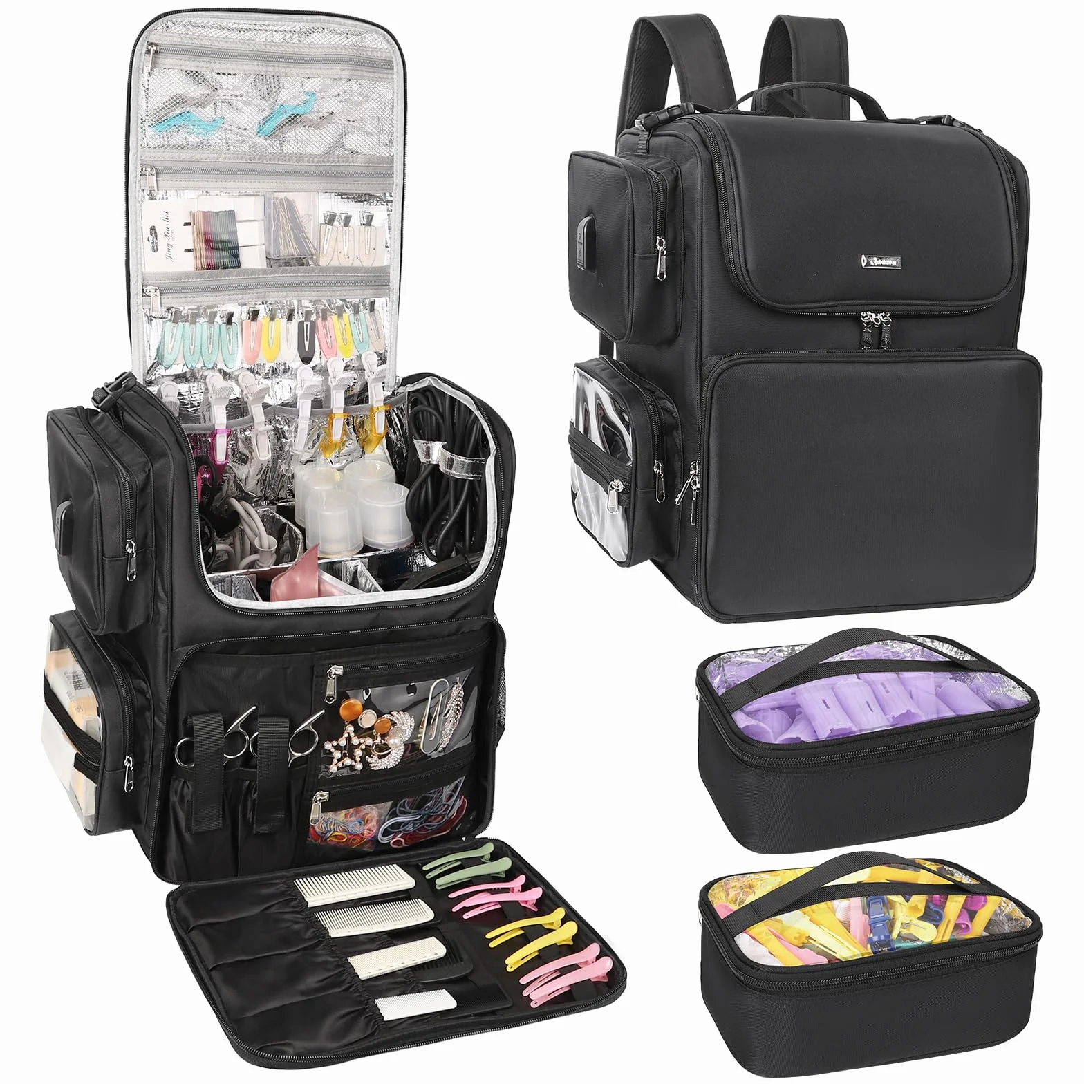 Relavel Hair Tools Borsa da parrucchiere, borsa per il trucco, isolamento termico, ferro arricciacapelli, accessori da viaggio, borsa da parrucchiere, borsa per cosmetici, zaino nero