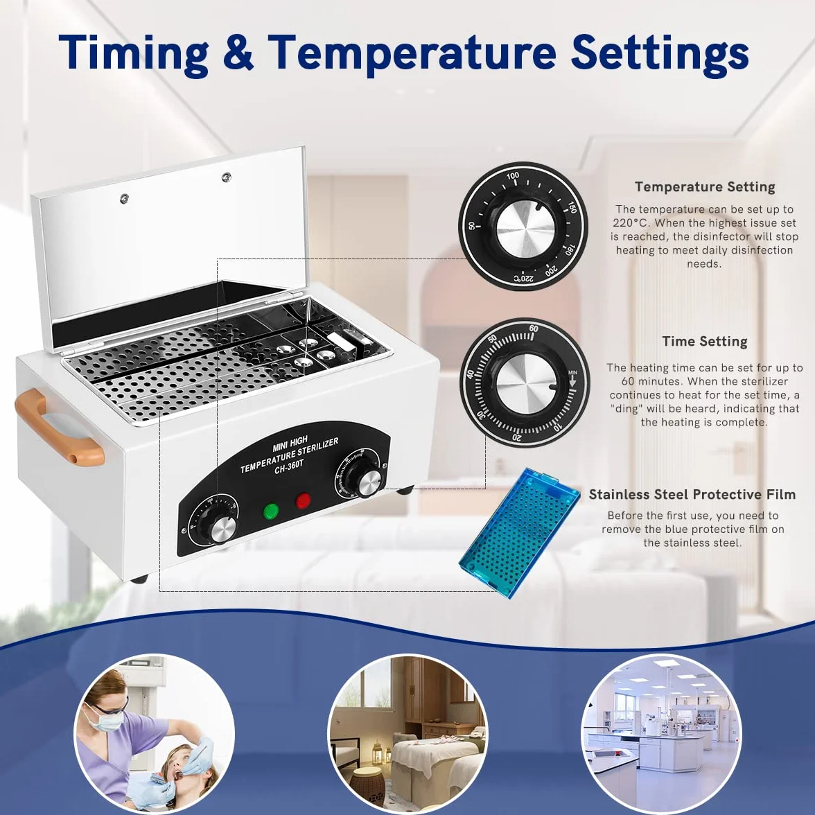 Xverycan 300W Sterilizzatore ad aria calda Disinfezione, 200℃ Sterilizzatore a calore secco ad alta temperatura, piccoli sterilizzatori per strumenti per unghie