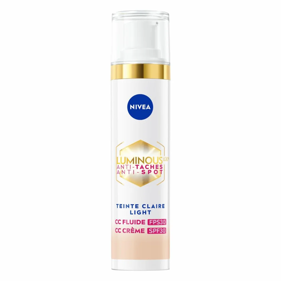 NIVEA Luminous 630 CC FPS30 - Fluido anti macchia, colore chiaro (1 x 40 ml), CC crema tinta unificata, fondotinta coprente, imperfezioni, trattamento viso tinto anti-invecchiamento, correttore di