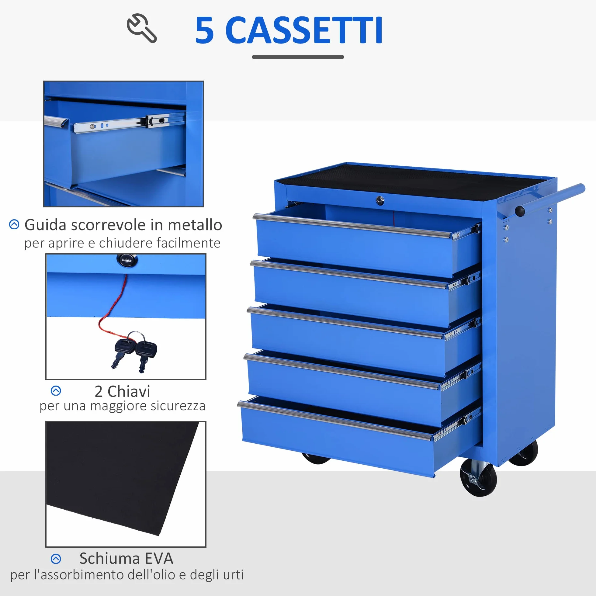 HOMCOM Carrello da Officina 5 Cassetti con Ruote in Metallo Blu 67.5x33x77cm
