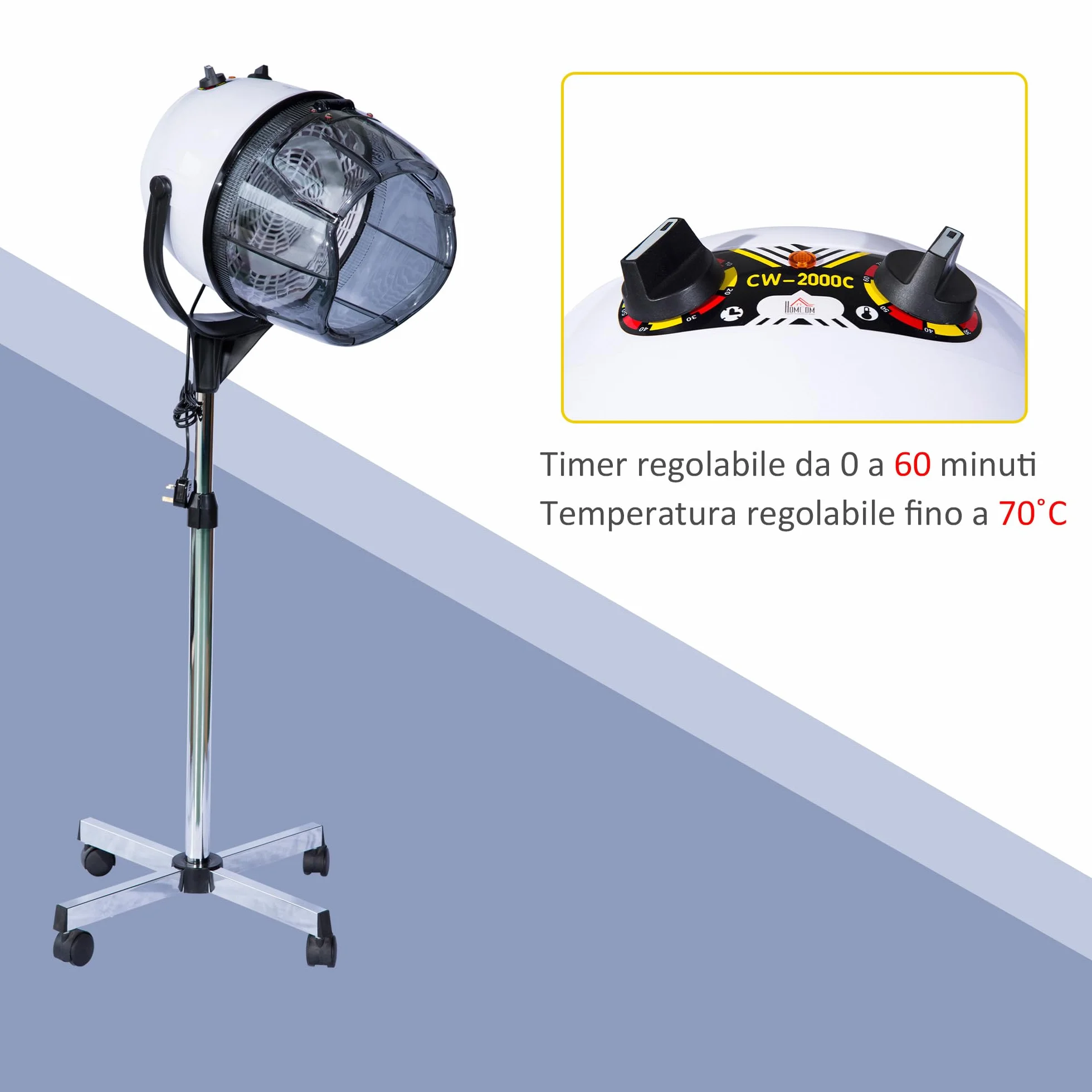 HOMCOM Casco Asciugacapelli 1180W ad Altezza Regolabile, Casco per Capelli con Timer 60 Minuti e Ruote Girevoli, in PP, PC e Acciaio, 65x65x115-165 cm, Bianco