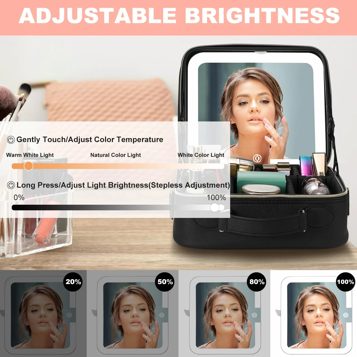 Mocado Beauty case da viaggio con specchio a LED, organizer per trucchi, con 3 impostazioni illuminate e specchio ingranditore 10x, 8 pennelli, divisori regolabili (motivo a losanga nera), Patterm a