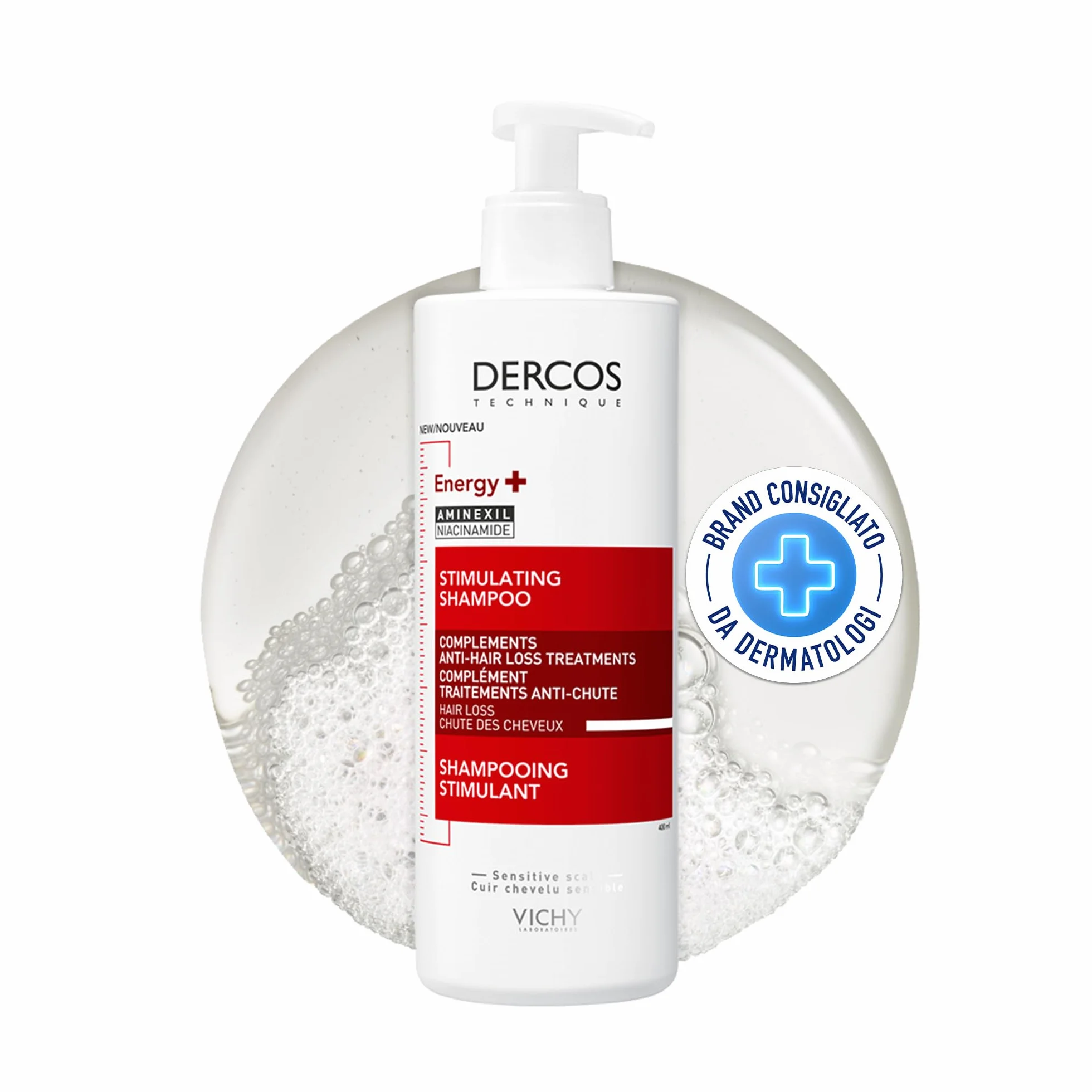 Vichy Dercos, Shampoo Energizzante, Per Tutti i Tipi di Capelli, Azione Anti-Caduta, Capelli Sani e Forti, Arricchito con Aminexil e Niacinamide