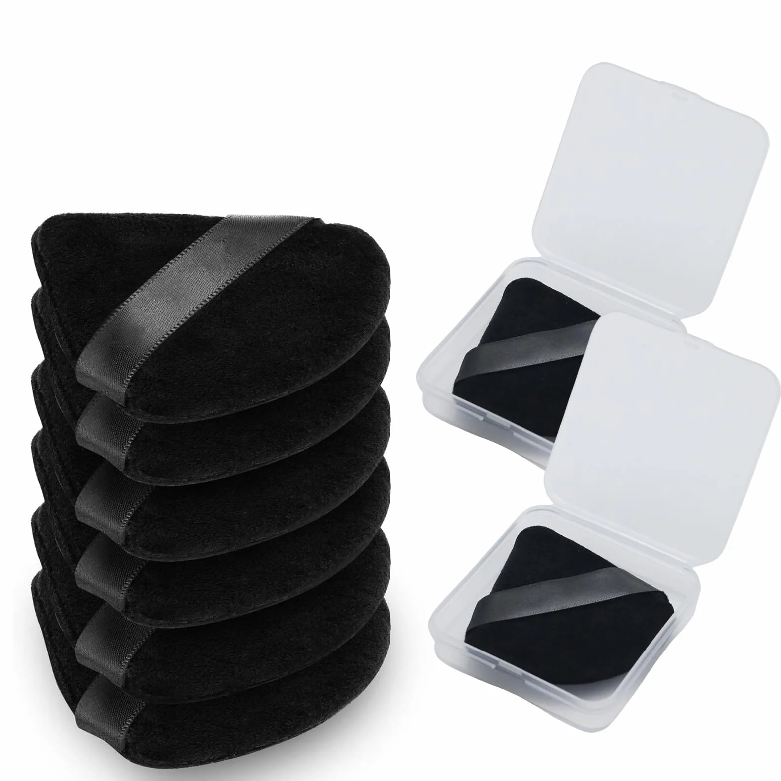 Mezrkuwr Confezione da 6 nappe triangolari per cipria con 2 custodie da viaggio, nappa per cipria e fondotinta, morbido velluto per polvere sciolta, colore nero