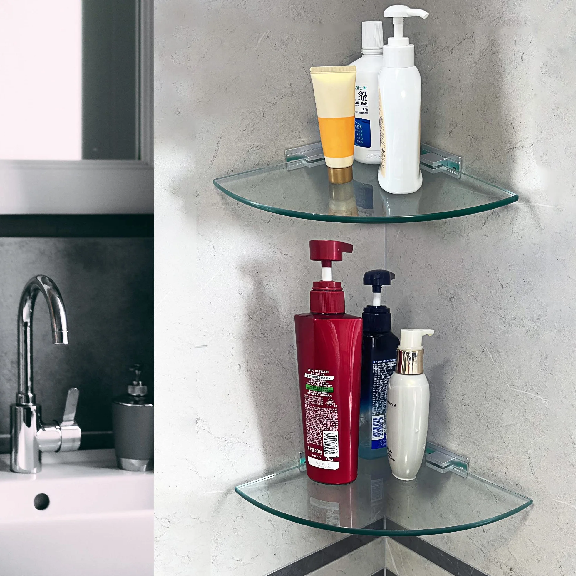 Mensola in vetro temperato da bagno triangolare 8 mm extra spesso 2 pezzi con staffa in alluminio
