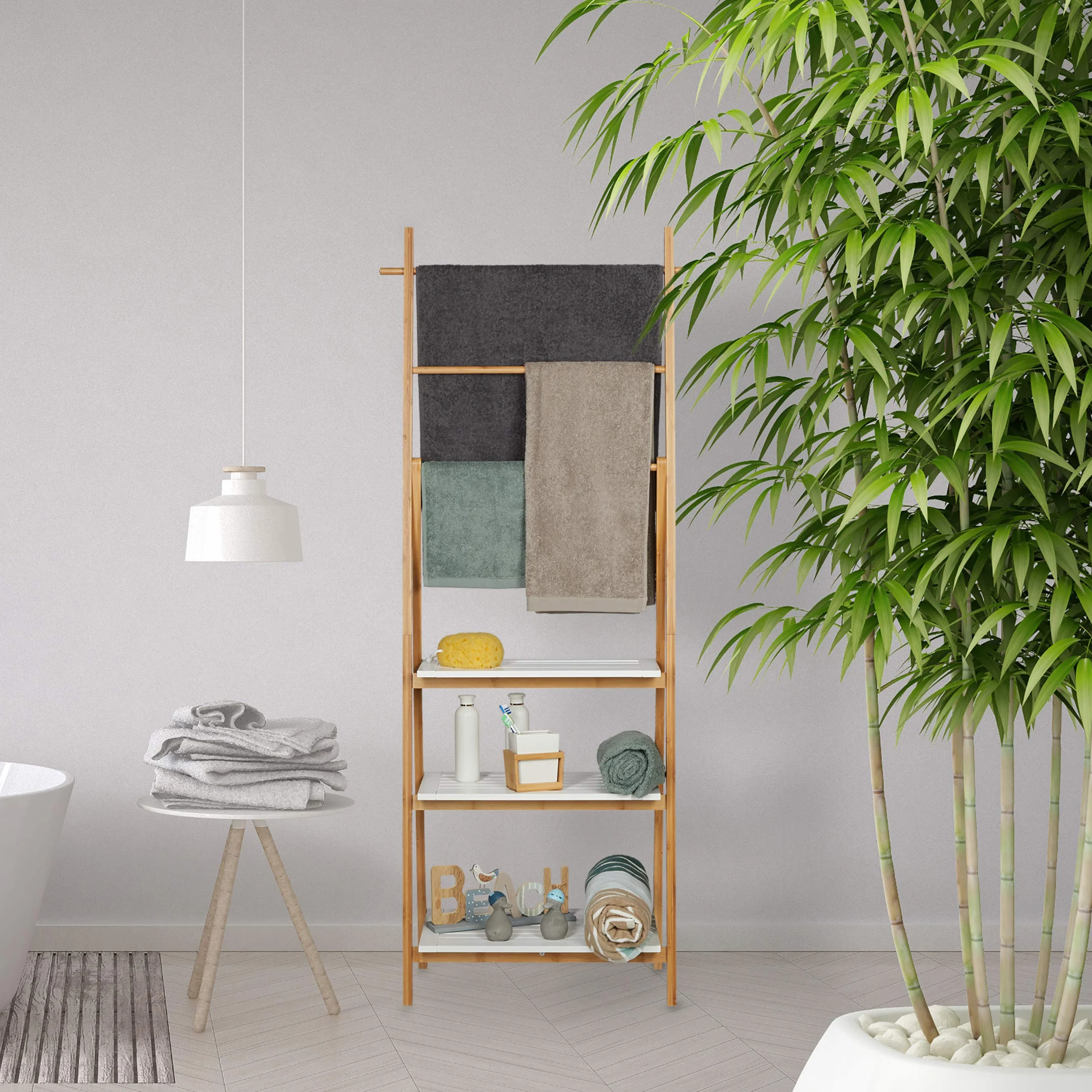 Relaxdays Portasciugamani da Terra, Bambù e MDF, 3 Aste e Ripiani, 150x50x30 cm, Naturale Bianco