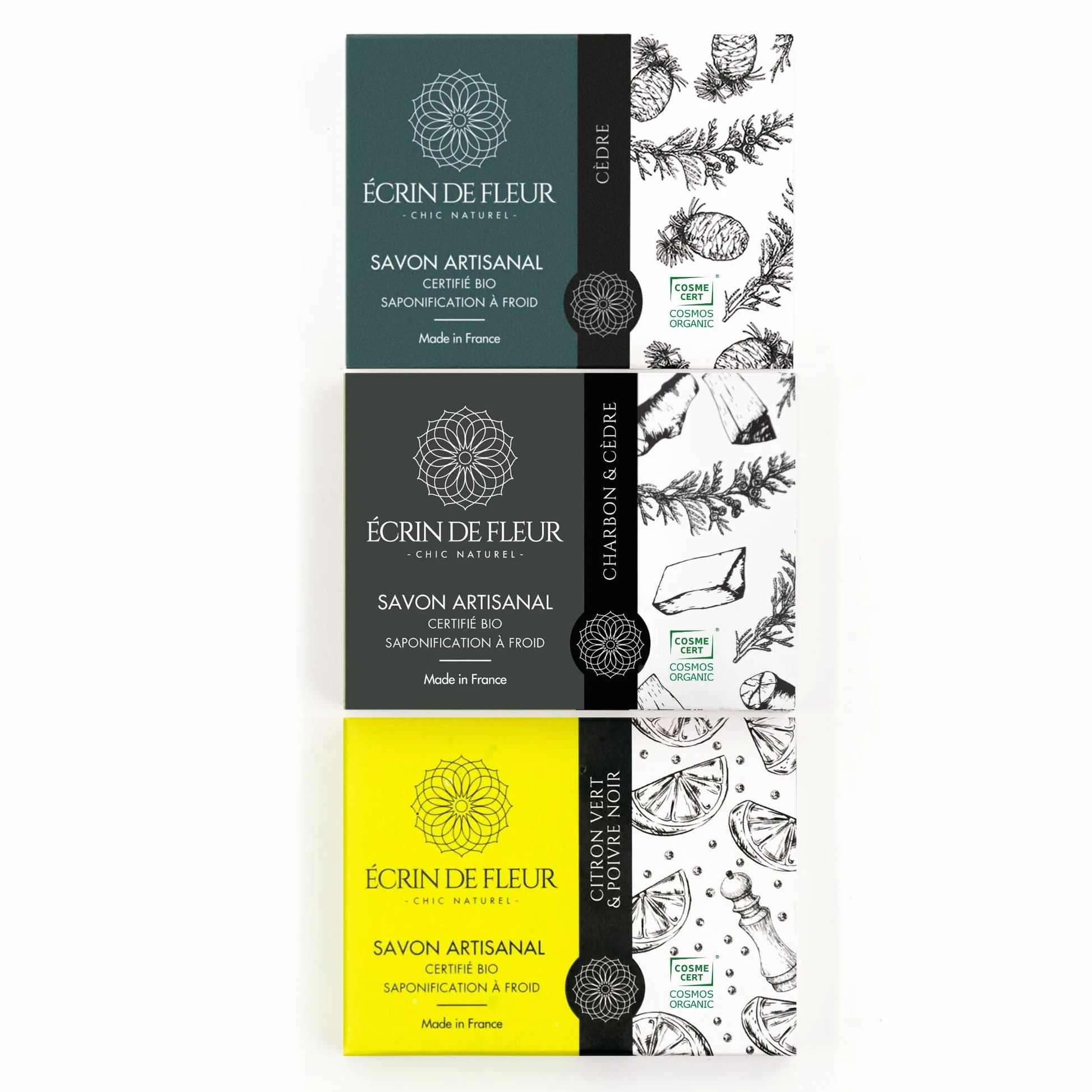 Cofanetto Regalo Saponi Biologici da Uomo, Barre Detergenti Artigianali Francesi, Certificati COSMOS & Nature et Progrès, Legno di Cedro, Lime & Carbone Attivo, 3x90g