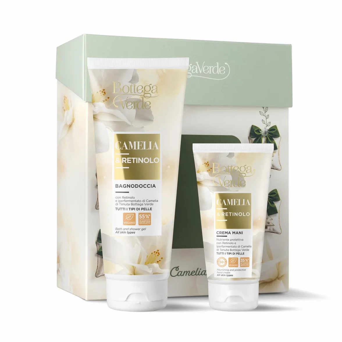 Bottega Verde - Cofanetto Regalo Camelia e Retinolo, con Bagnodoccia 200 ml e Crema Mani 75 ml, Profumo Fresco e Fiorito, Efficacia Nutritiva e Protettiva, Idea Regalo