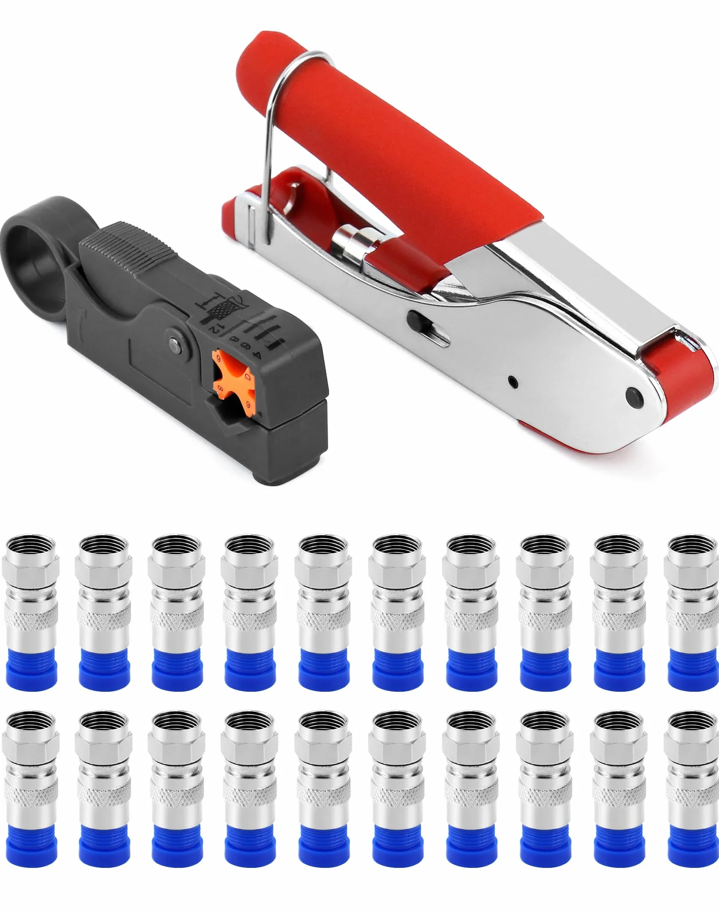 QWORK Set di strumenti per crimpare cavi coassiali 22PCS con spelafili e compressione connettore F per RG6 TV via cavo
