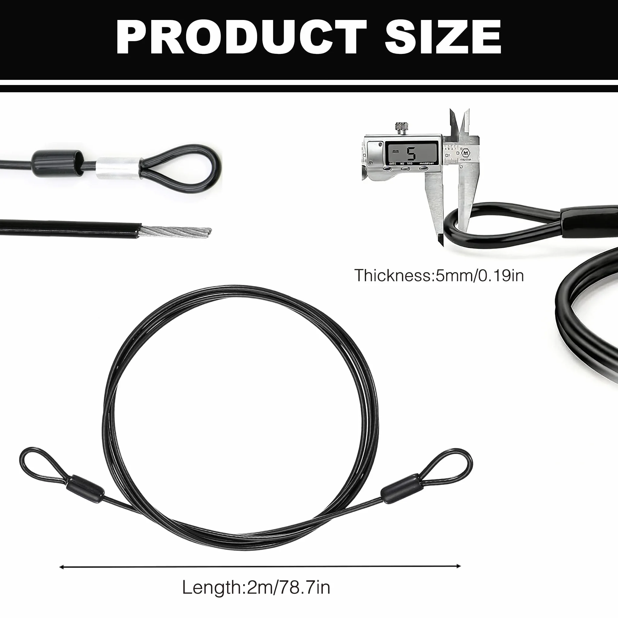 Cavo in acciaio con occhiello 2M x 5mm per lucchetto da bicicletta, rimorchio, nero