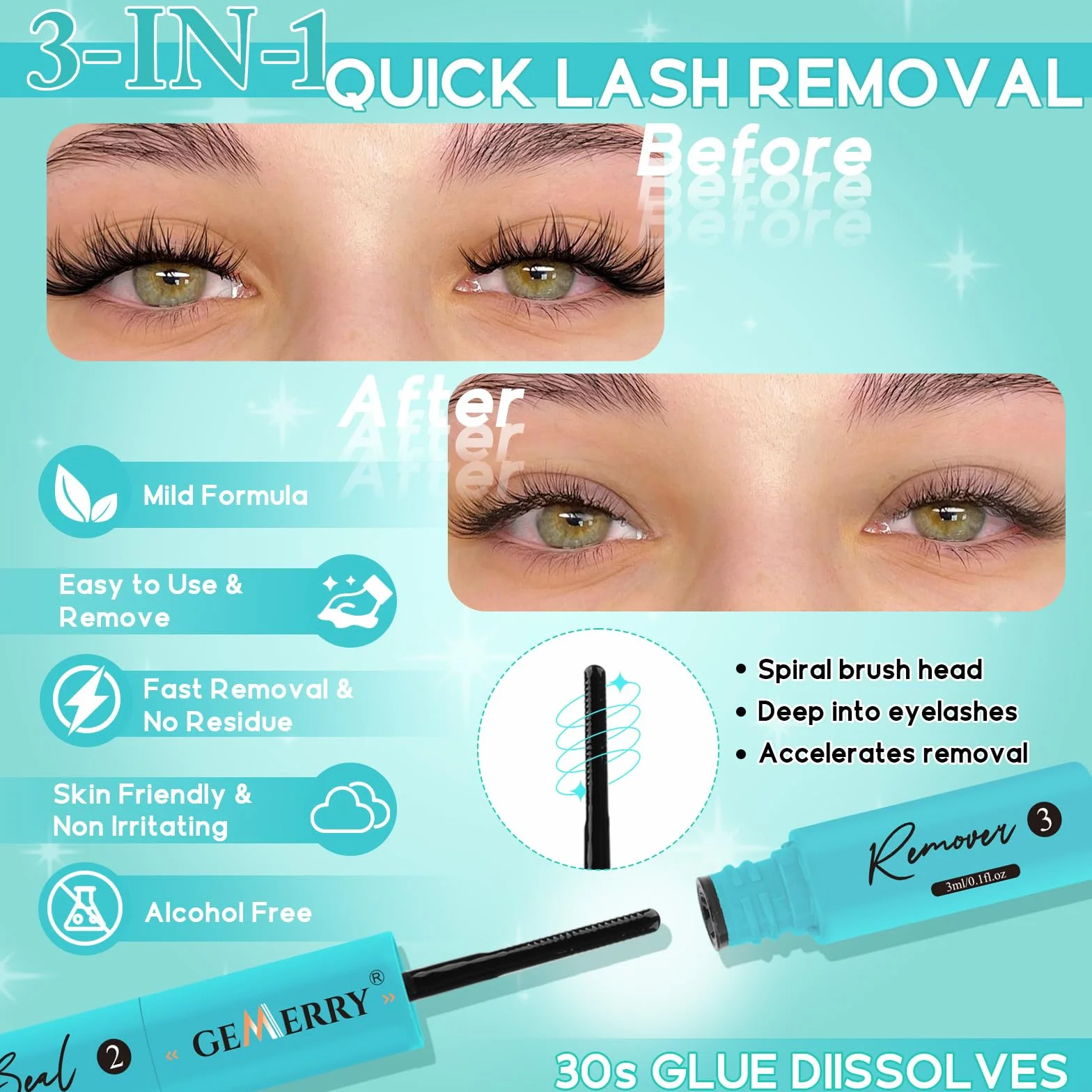 GEMERRY 3-IN-1 Bond & Seal & Remover Colla Ciglia Finte Ciuffetti Bond e Seal Ciglia Nero Colla per Ciglia Finte Durata 72 ore+ Impermeabile | Nuoto e Bagno | Senza Lattice