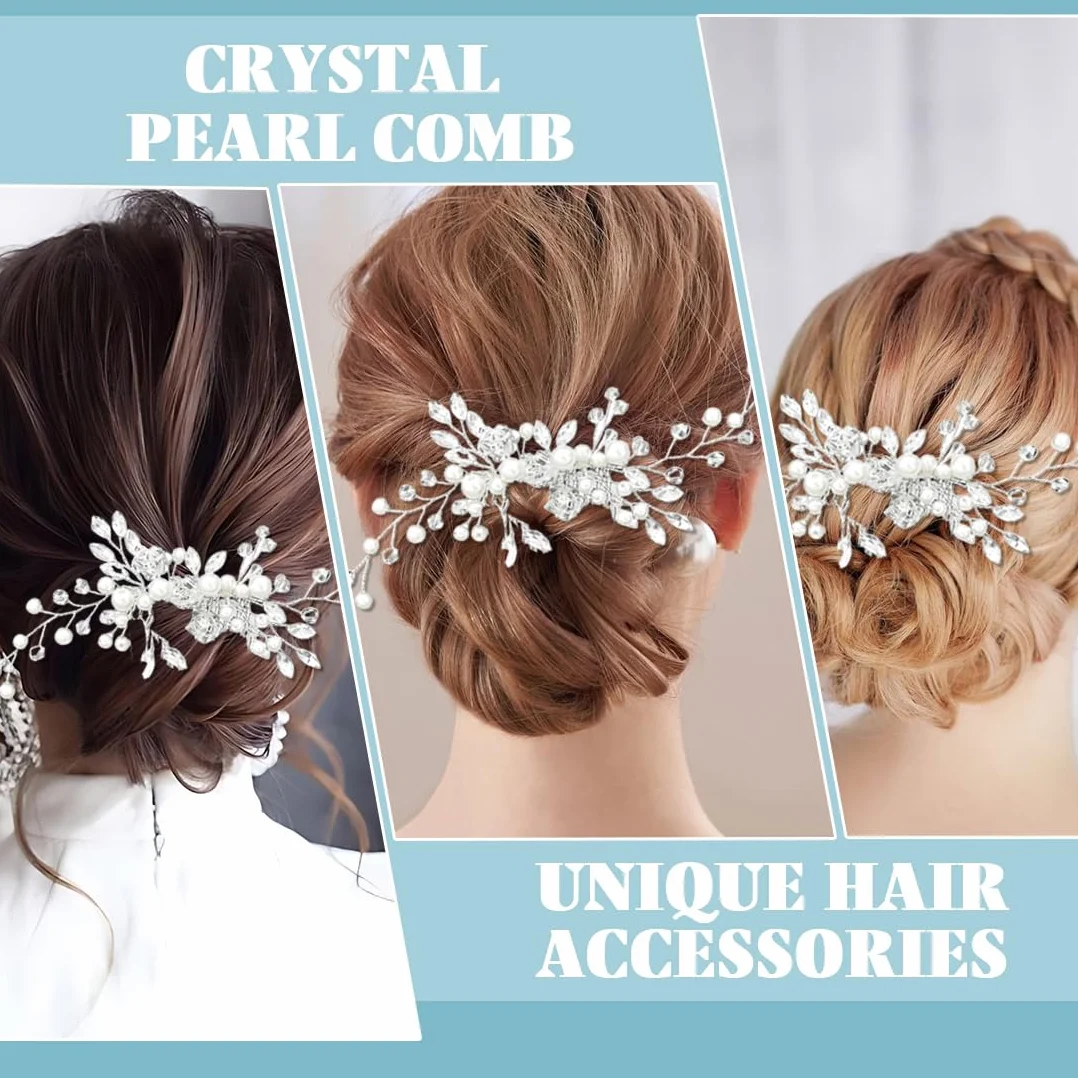 Fermaglio Capelli Sposa Argentato Con Cristalli, 2 Pettini Eleganti Per Matrimonio E Occasioni Speciali, Set Completo Per Donne E Ragazze