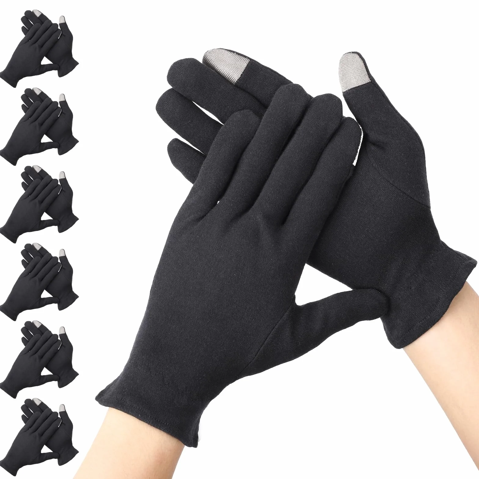 Segbeauty Guanti Cotone Nero, 6 Paia Guanti di Cotone per Dermatiti, con Dita Touchscreen, Morbido e Traspiranti, per Idratare Mani Secche, Ispezione Gioielli, Eczemi (L)