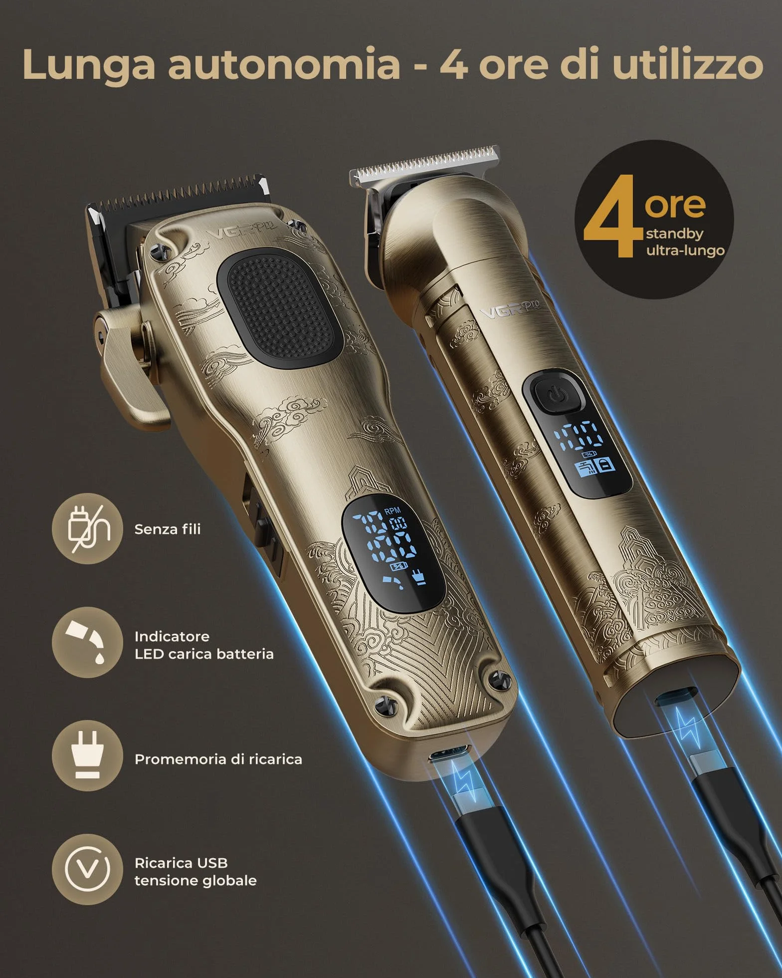 VGRPRO Tagliacapelli uomo professionale, Tagliacapelli Senza Fili per Macchinetta per Capelli, set di Capelli Trimmer e Taglia capelli uomo elettrico Con confezione (Oro)