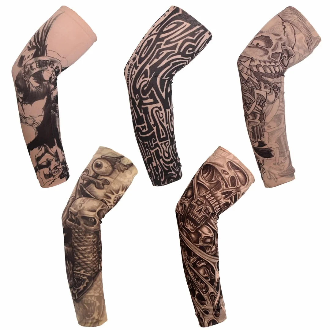 JEYORZY 5PC Maniche Tatuaggio,Manica a Tatuaggio,Nylon Elastiche Realistico Tatuaggio Temporaneo Finti Tattoo Sleeve,Manicotti da braccio per Uomo Donna,Braccia Protezione Sportiva Ciclismo