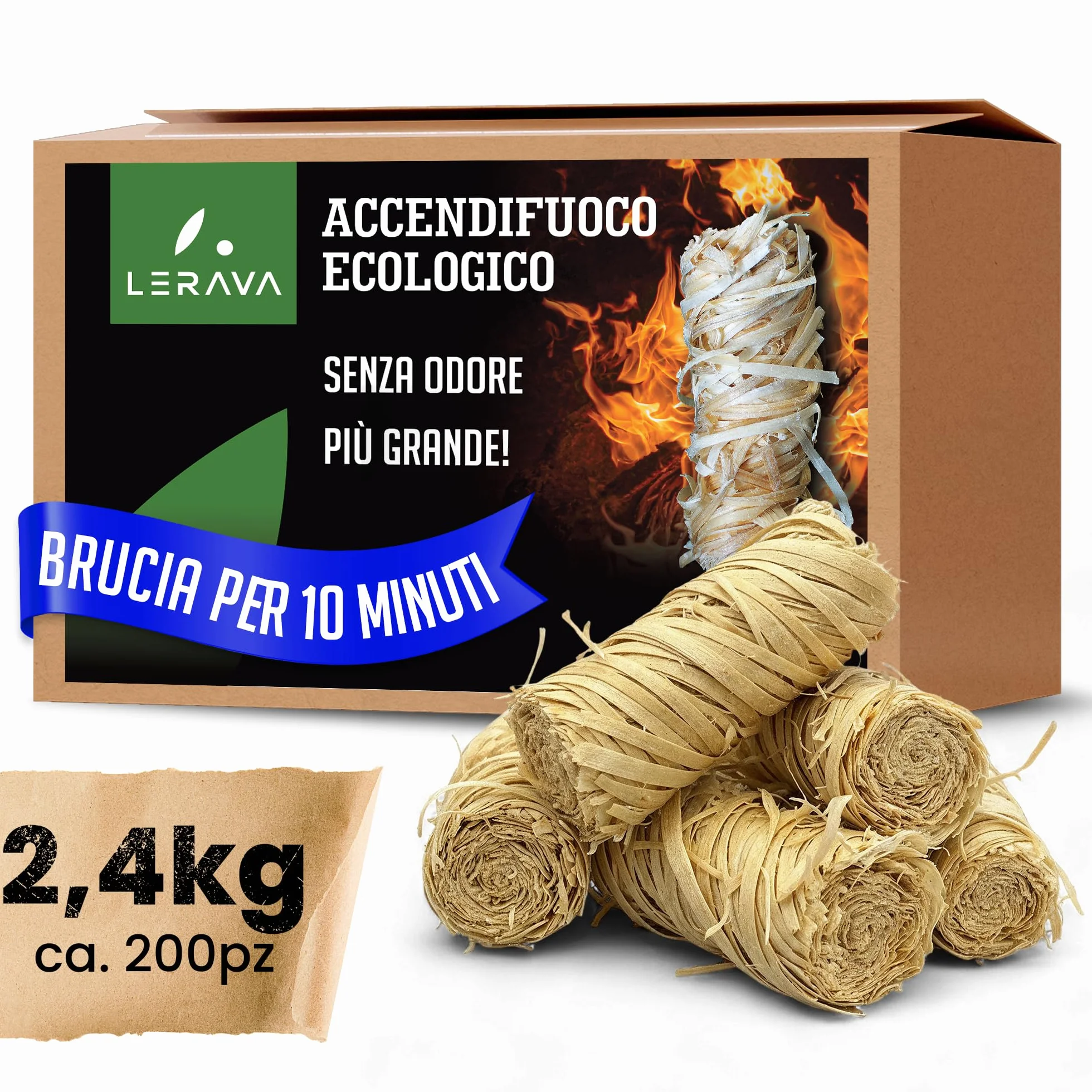 LERAVA Accendifuoco Ecologico 200pz Fire Starter Naturale Fiamma Forte Carbonella Barbecue Camino Stufa 2,4kg