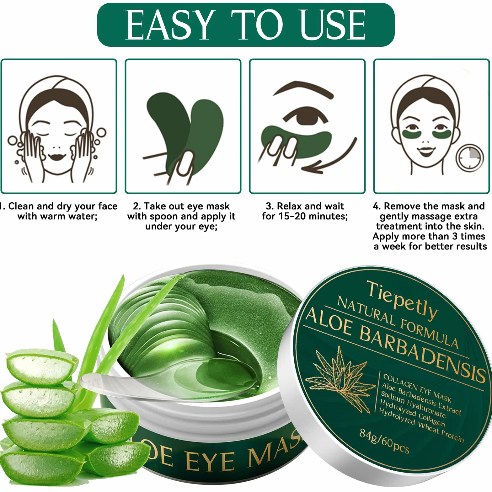 60 Pcs Collagene Patch Occhi, Aloe Vera Maschera Occhi, Anti Rughe, Rimuovi Borse e Puffiness, Idrata Anti-Età (Aloe)