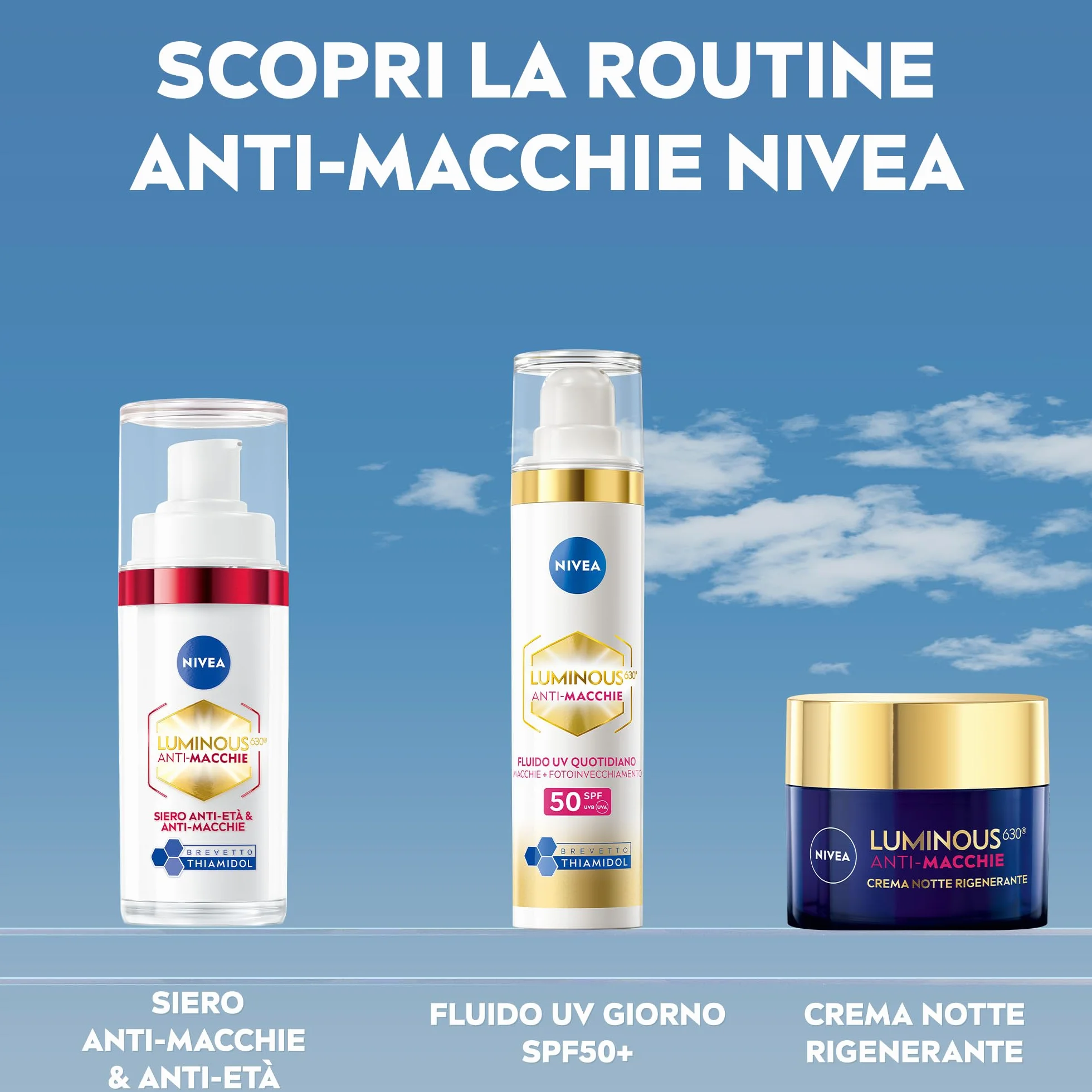 NIVEA Luminous630 Skincare Kit Anti-Macchie, Set skincare completo con Siero Viso Anti-Età & Anti-Macchie 30 ml e Fluido UV Quotidiano Crema viso SPF 50 40 ml con Thiamidol brevettato antimacchia