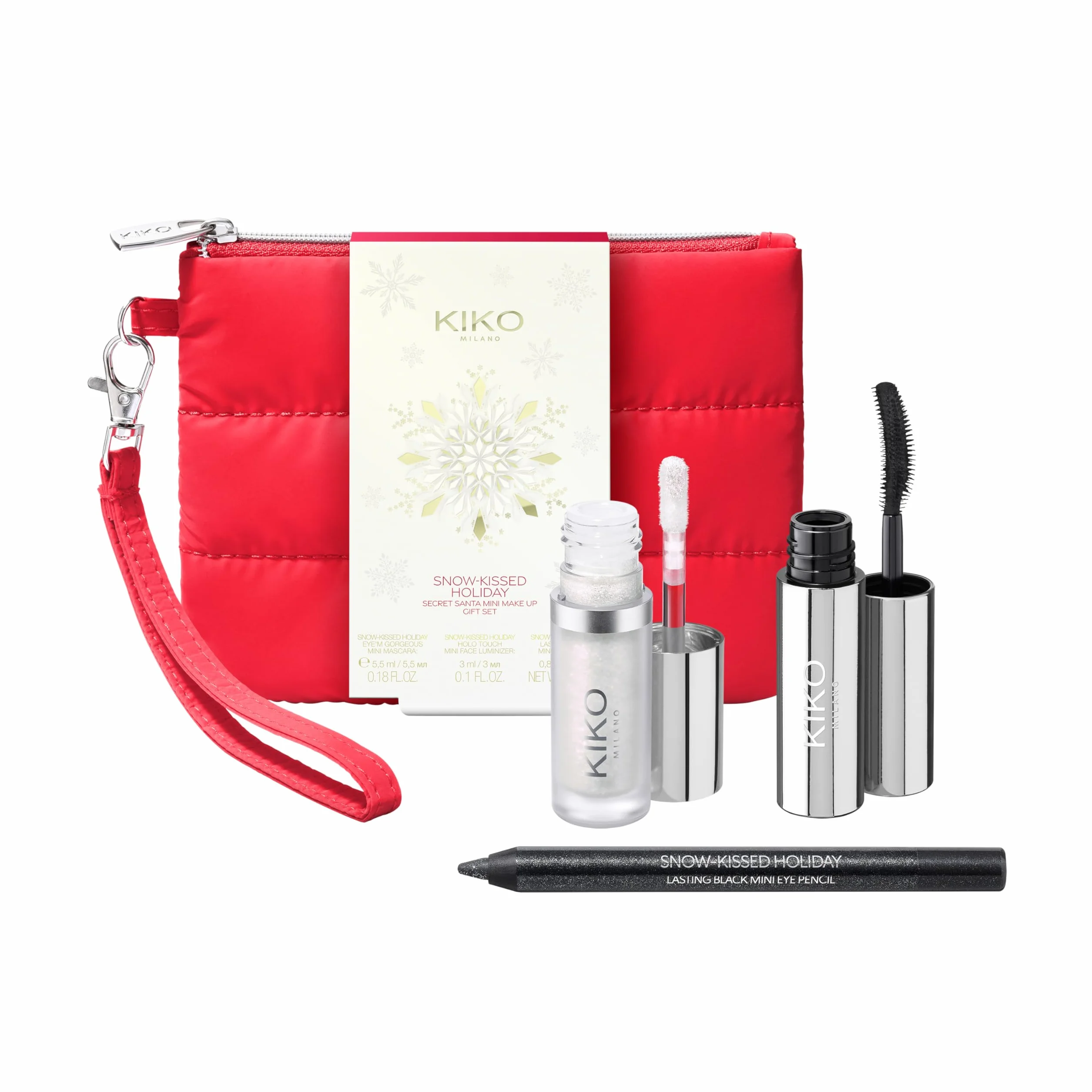 KIKO Milano Snow-Kissed Holiday Secret Santa Mini Make Up Gift Set, Gift Set Makeup: Mascara Effetto Volumizzante, Matita Occhi E Illuminante Liquido In Formato Mini