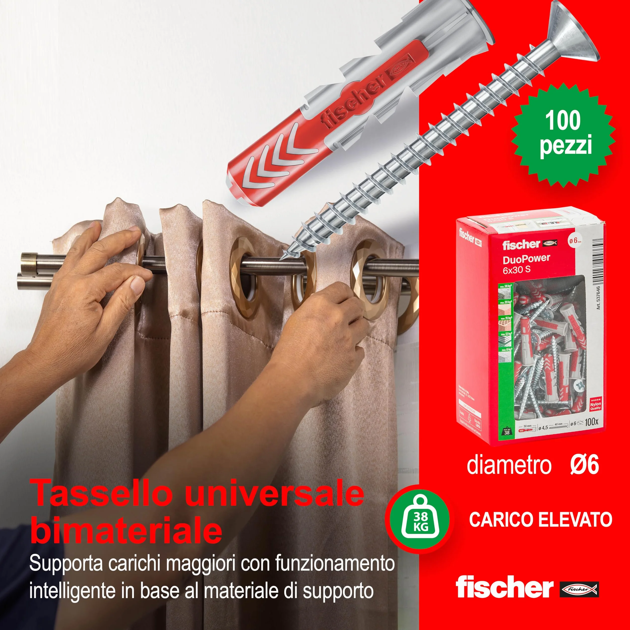 Fischer DuoPower Tasselli con Vite 6x30 mm 100 pezzi per Muro pieno Mattone Forato Cartongesso
