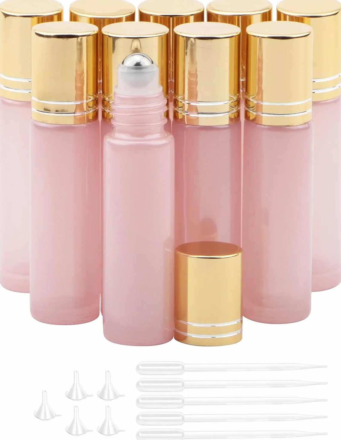 Bottiglie roll-on per oli essenziali, 10 ml, vuote, ricaricabili, in vetro, con tappo dorato, per profumi, aromaterapia, colore: Rosa Perlato
