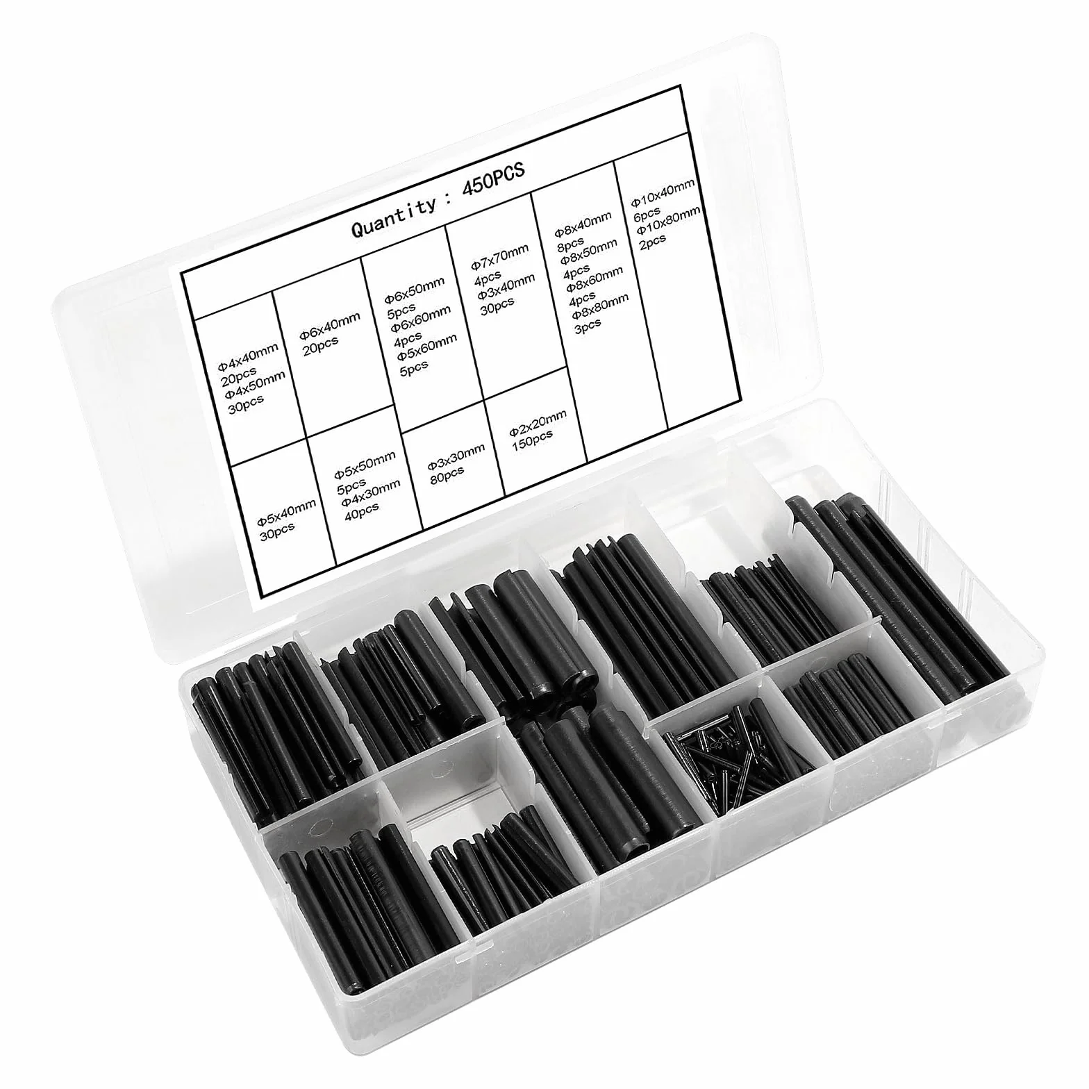 450 Pezzi Spine Elastiche Acciaio Inox, 19 Dimensioni Perno di Tensione a Molla Nero Ø 2.0-10mm, con Scatola di Plastica