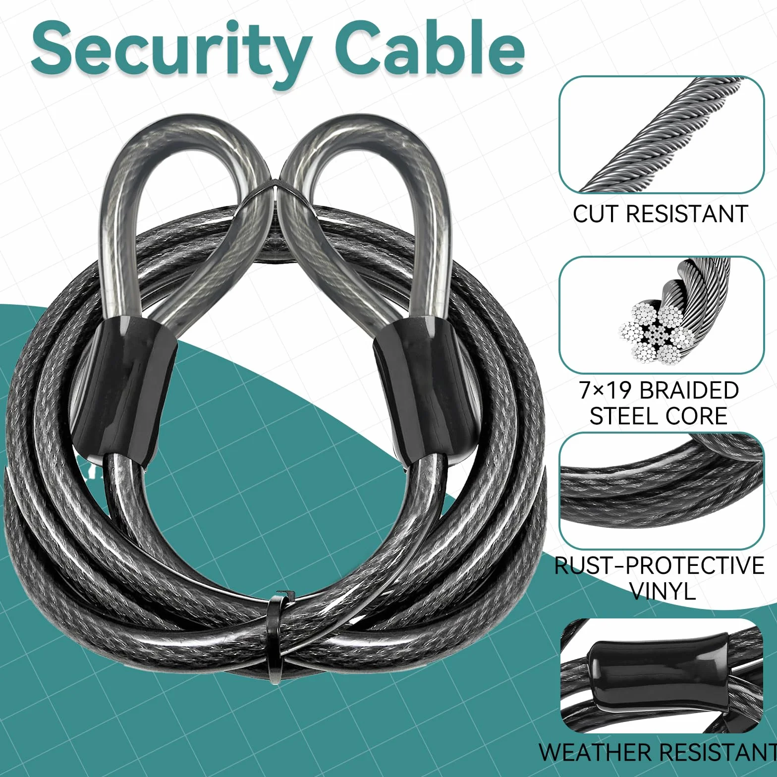 Cavo Acciaio Antifurto 4-FT 1.2m x 13.77mm Catenaccio Bici Flessibile Rivestito in Vinile