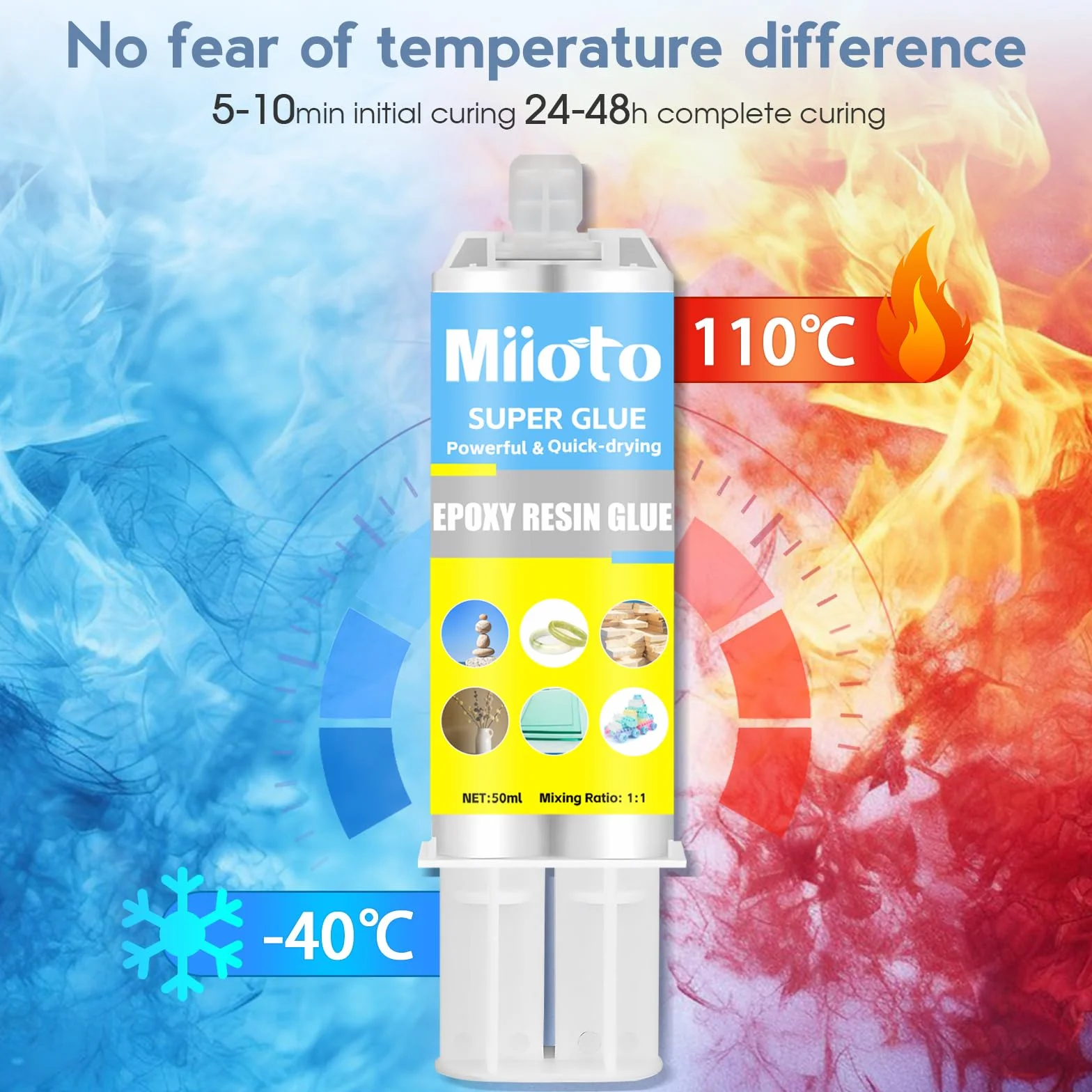Colla Epossidica Bicomponente Miioto per Plastica, Ceramica, Vetro, Legno, Gomma, Metallo (50g)
