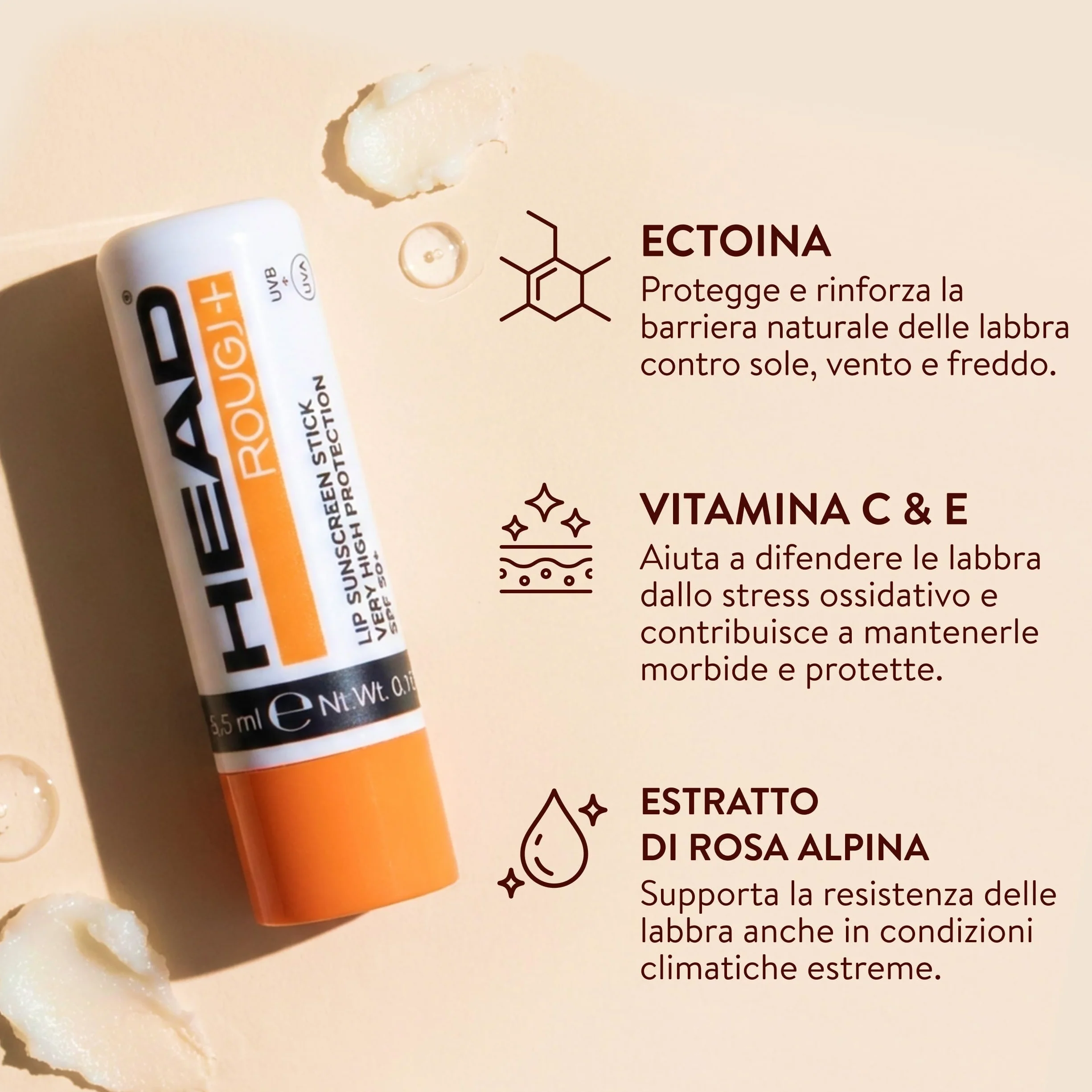 HEAD BY ROUGJ Stick Labbra Protezione Solare 50+ con Formula Invisibile per Comfort Quotidiano e Difesa in Condizioni Estreme, Lip Balm Spf 50 Texture Leggera e Resistente all’Acqua - Made in Italy