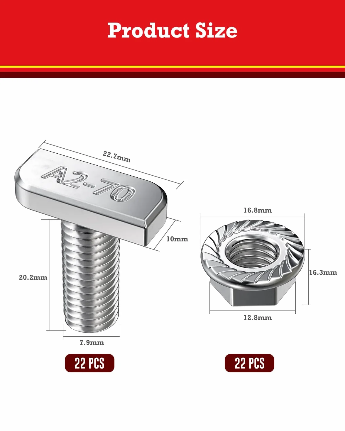 Set di 22 viti M8 x 20 mm A2-70 acciaio inox con dado a flangia per guide solari PV