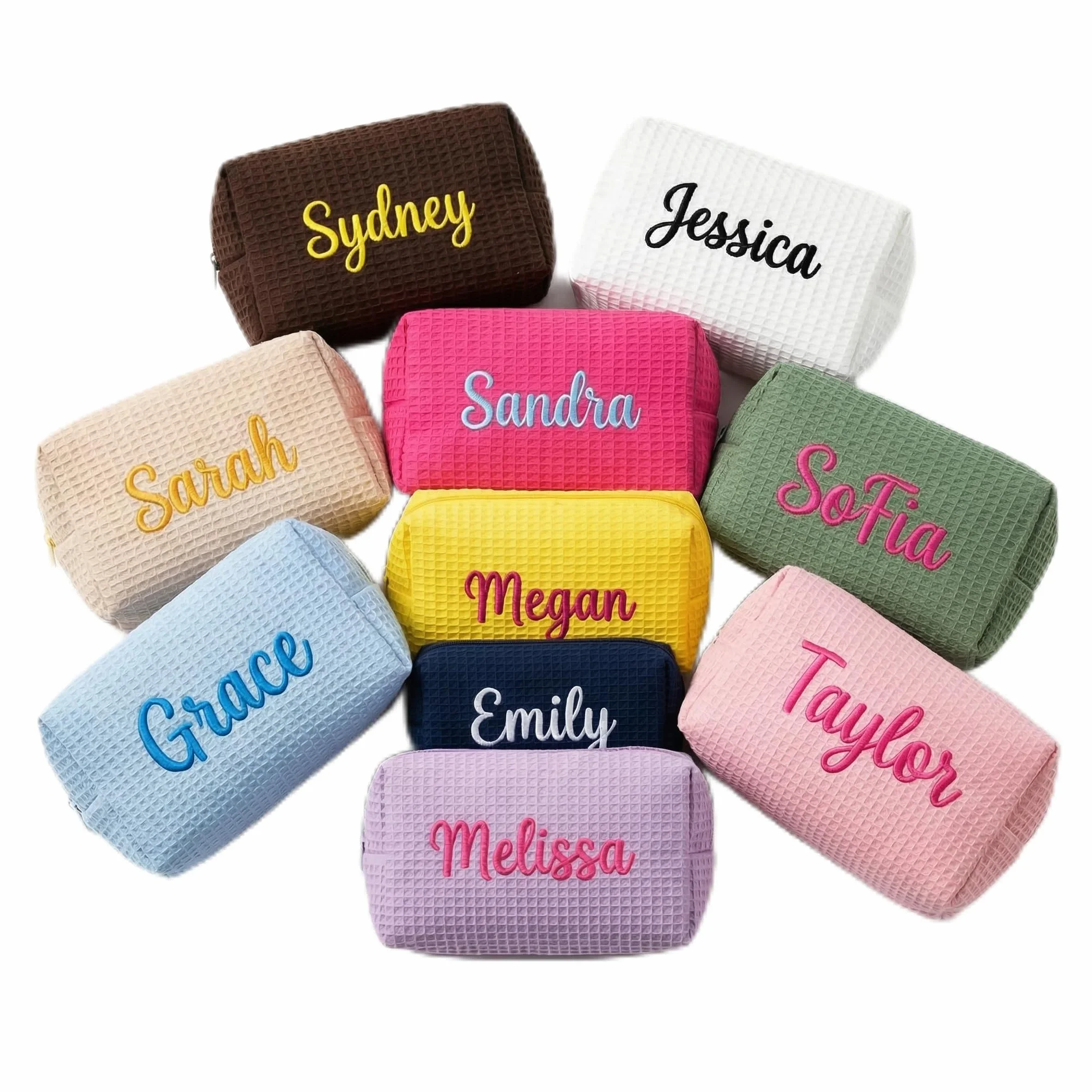Borsa da trucco personalizzata con nome ricamato, borsa da bagno in maglia goffrata personalizzata per donne, borsa da viaggio grande e piccola borsa da trucco per regali da damigella