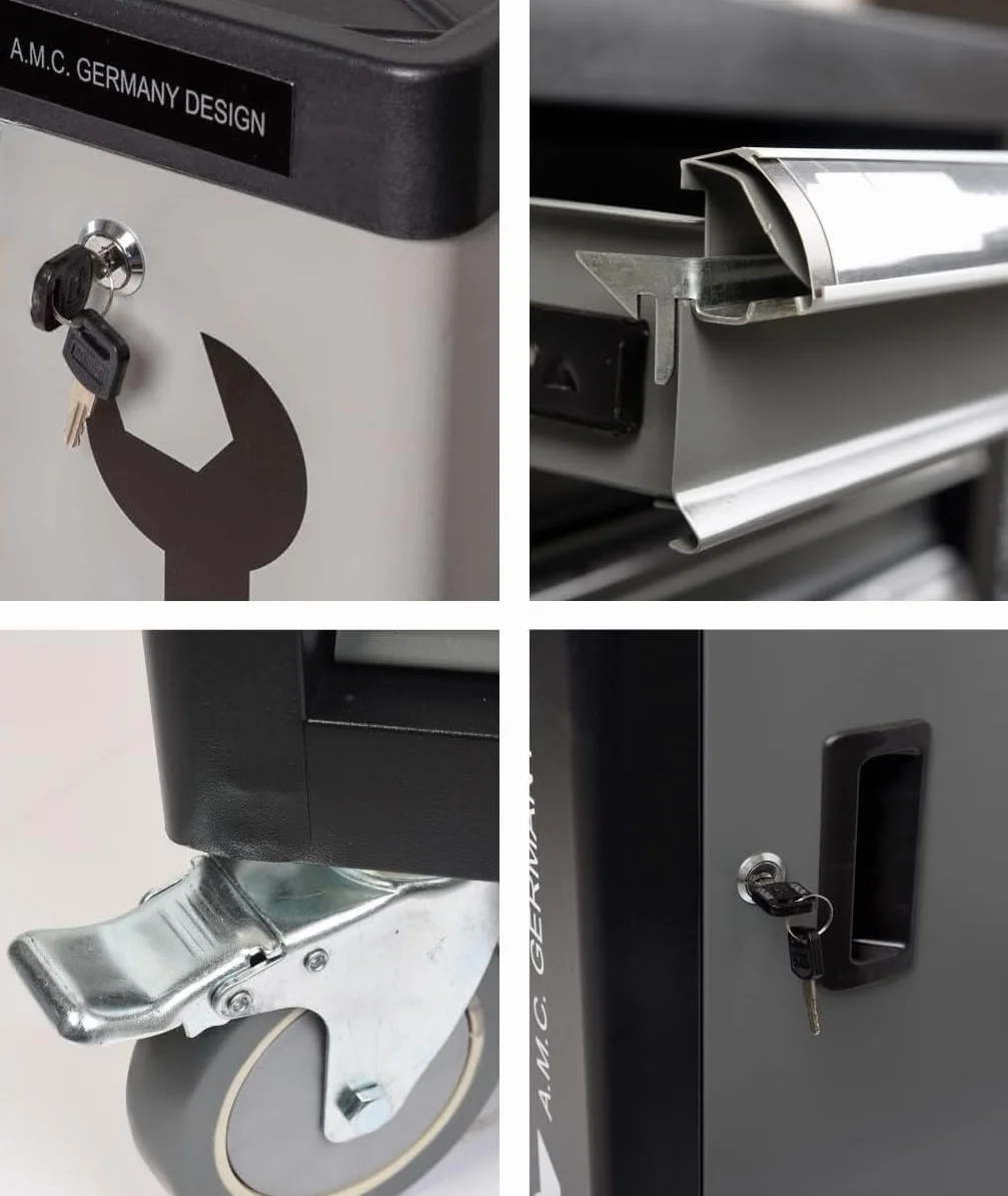 GrecoShop Carrello Attrezzi Portautensili Officina 428 Utensili 6 Cassetti Chiusura a Chiave Organizer Ruote Struttura Rinforzata Carbon Look