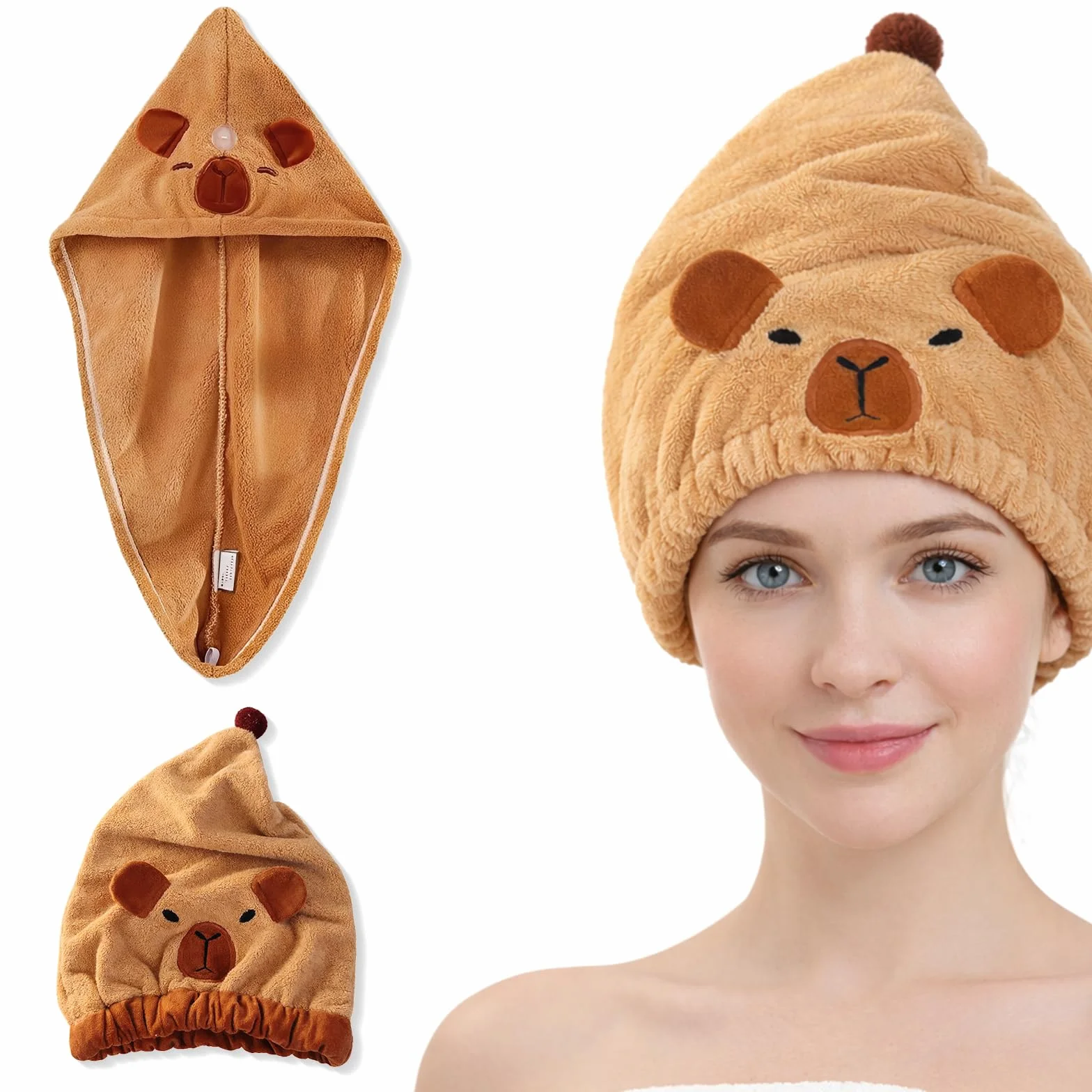 2 Pcs turbante asciugacapelli, Capybara Asciugamano in Microfibra per Capelli Asciugatura Rapida Turbante Super Assorbente con Bottone per Donne Capelli Lunghi