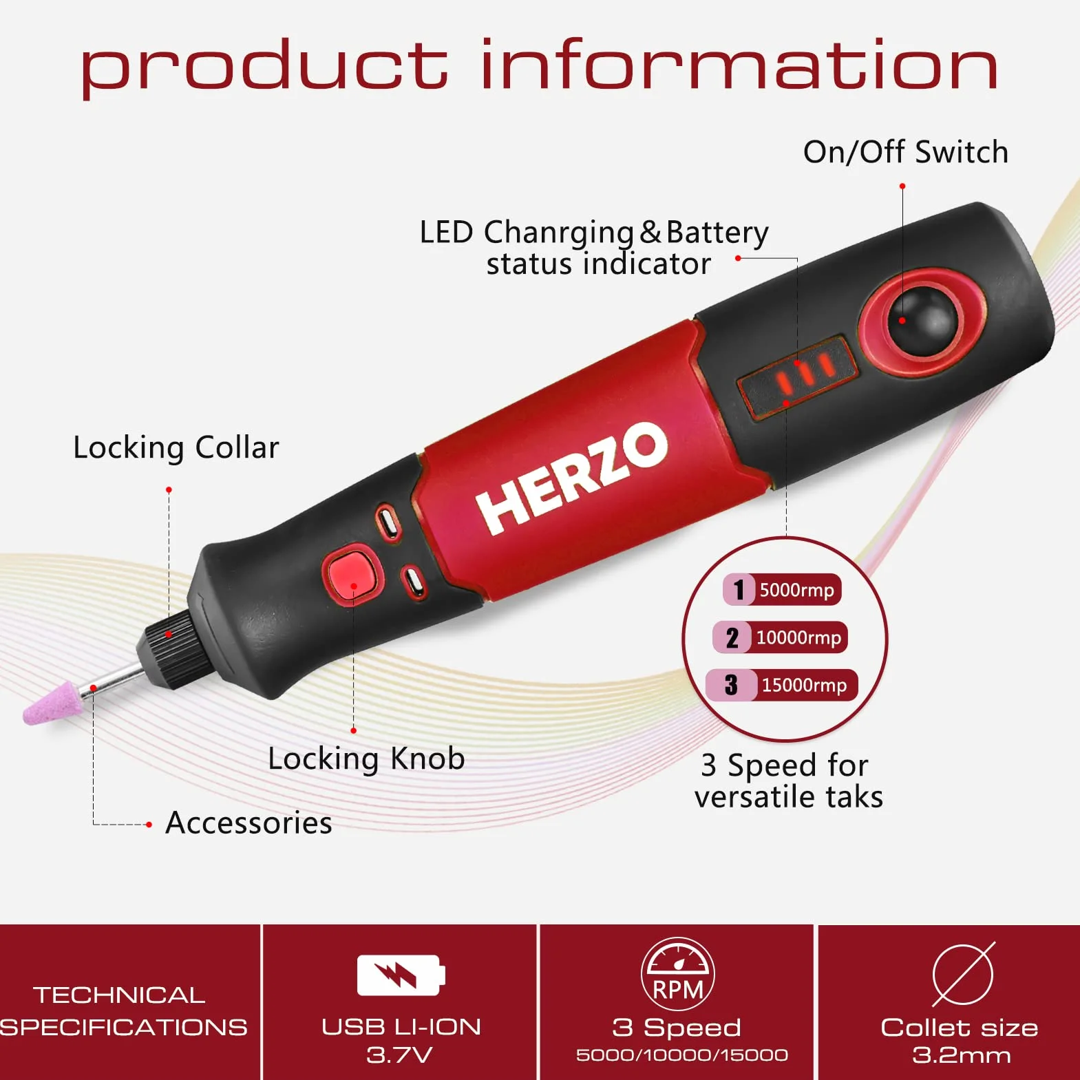 HERZO Strumento Multifunzione Senza Fili, mini trapano elettrico rotativo USB Ricaricabile 32 Accessori 3 Velocità Variabile 5000-15000RPM