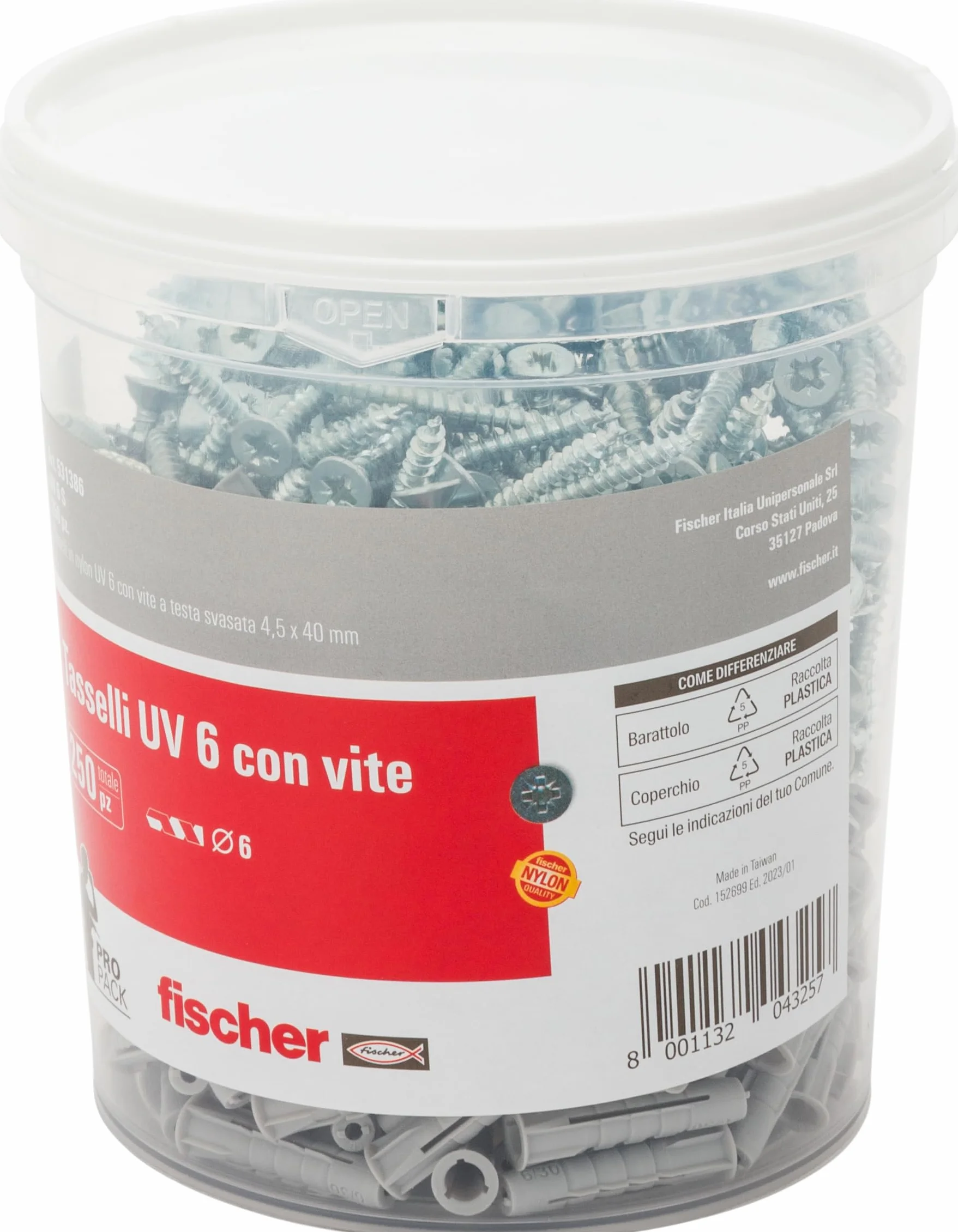 Fischer UV 6 S Tasselli con Vite 6 x 30 mm 250 Pezzi per Mattoni Pieni e Forati Grigio