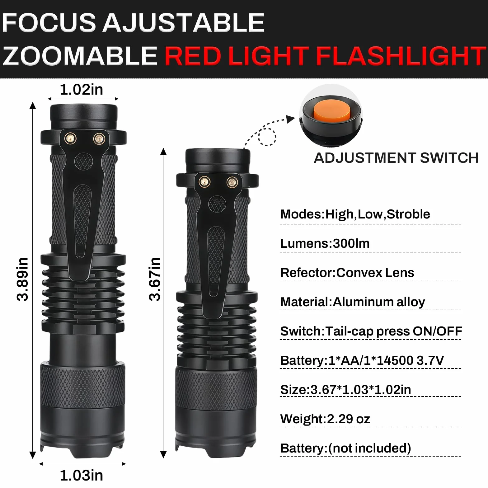 Torcia a LED Rossa Impermeabile Zoomabile 3 Modalità per Caccia Notturna
