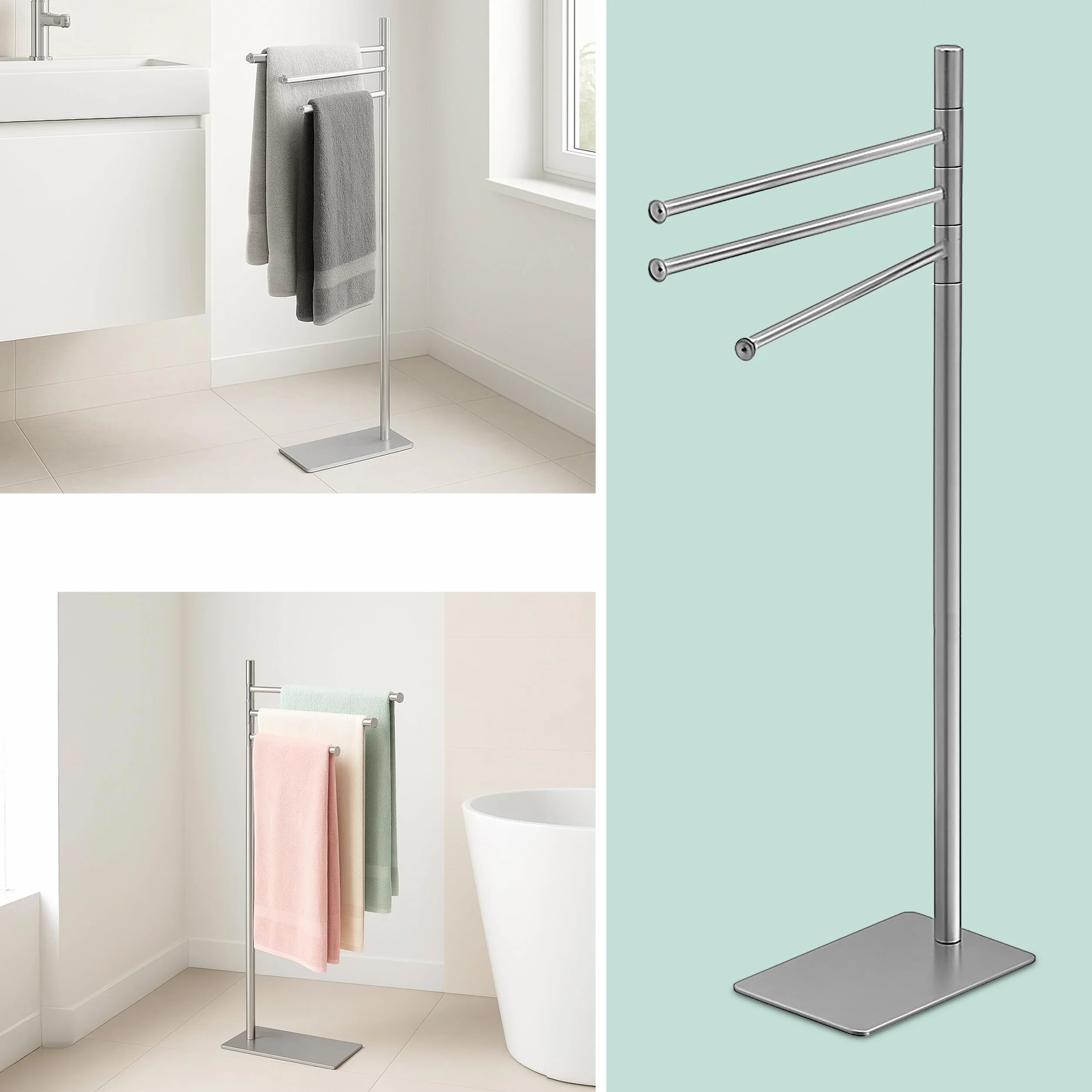 Relaxdays Portasciugamani a 3 Bracci Mobili Piantana da Bagno in Metallo Nero 83x33,5x14 cm