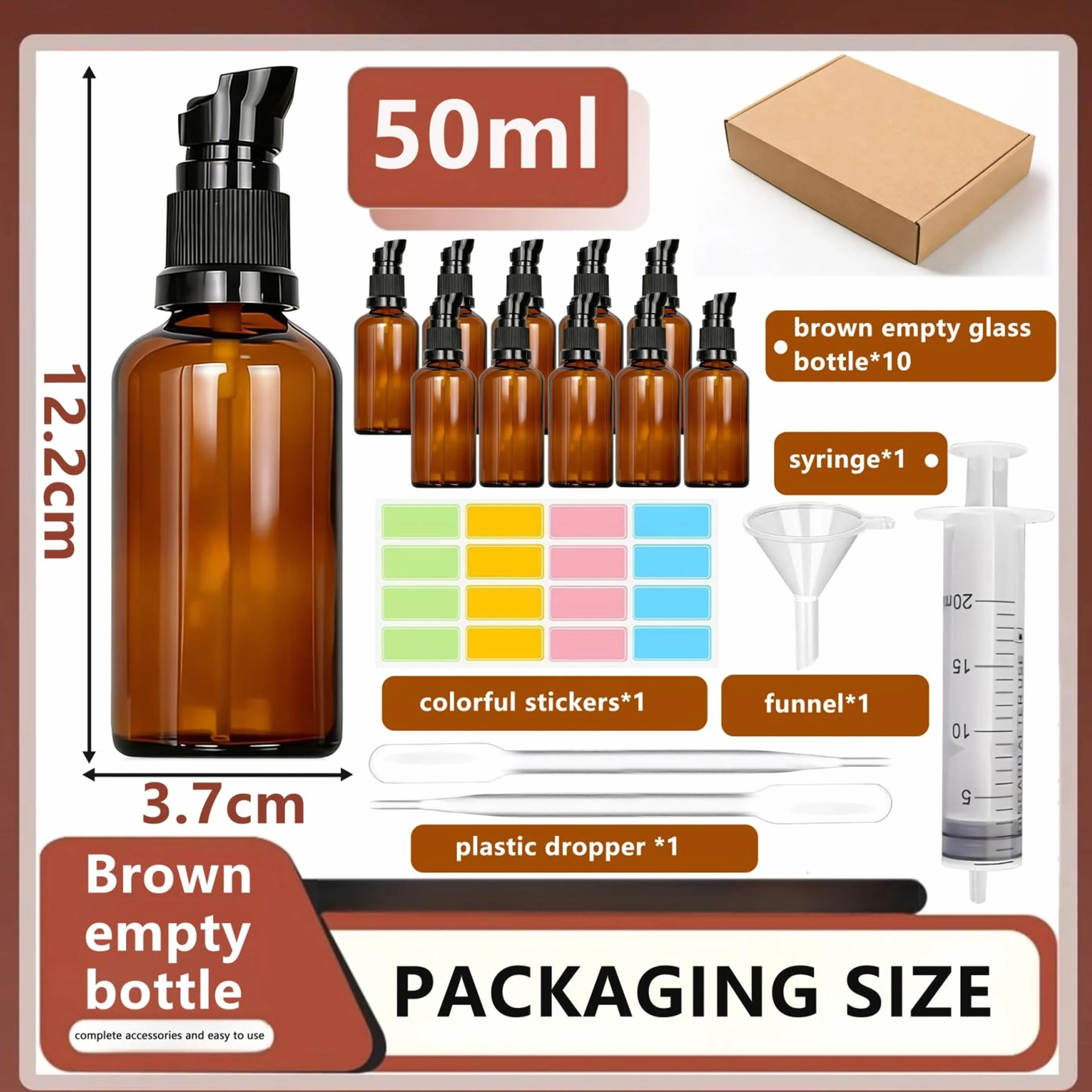 10 pezzi 50 ml Flaconi Vuoti per Oli Essenziali, Flaconi Vuoti in Vetro Ambrata con Pompa, Vetro Marrone Bottiglie da Viaggio, Protezione UV, Ambra, per Cosmetici, Lozioni, Oli Essenziali