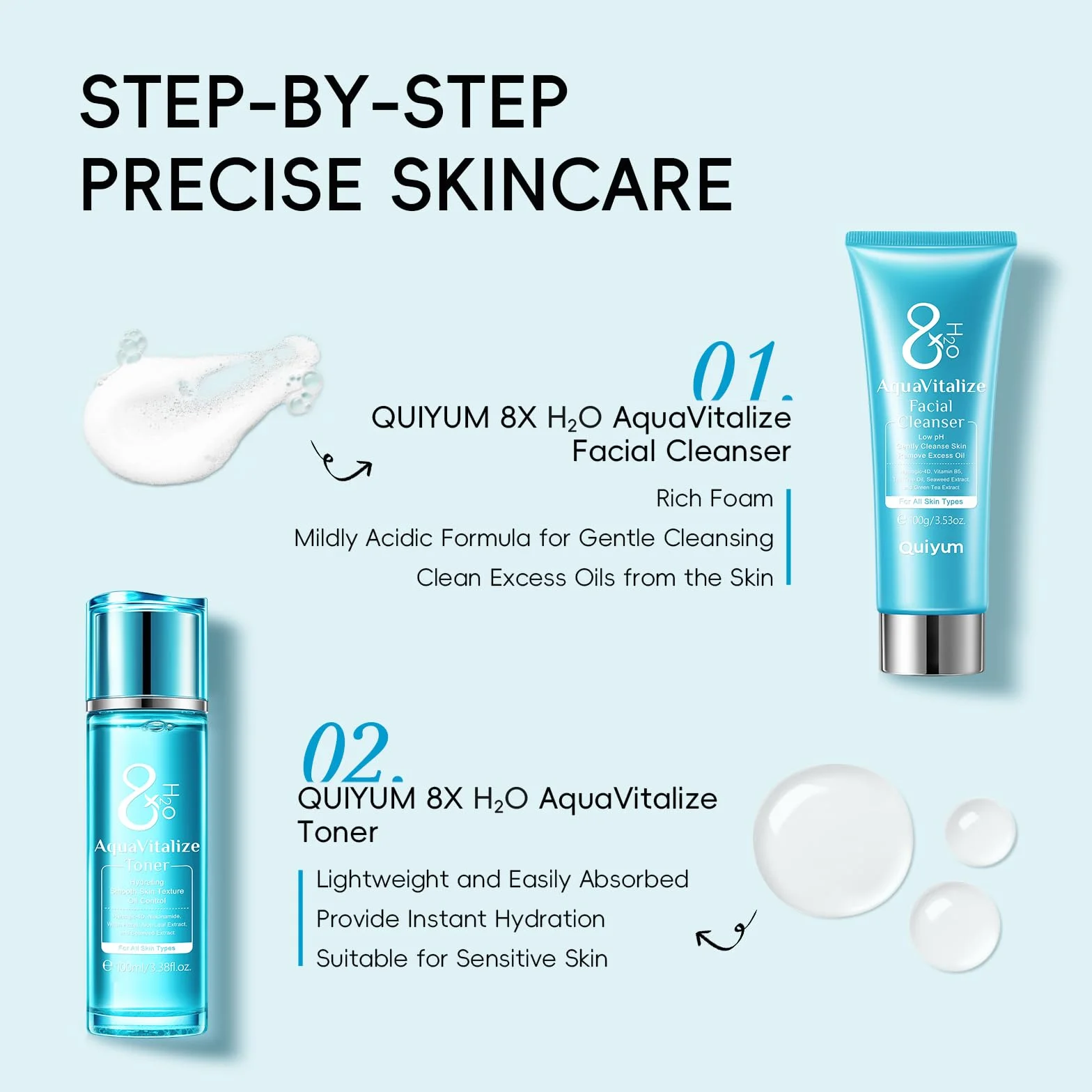 QUIYUM Kit Skincare Viso Completo 8X H2O AquaVitalize, Set Regalo Donna Beauty Routine, 5 Pezzi con Detergente, Tonico, Crema per Gli Occhi, Siero, Crema Viso Idratante